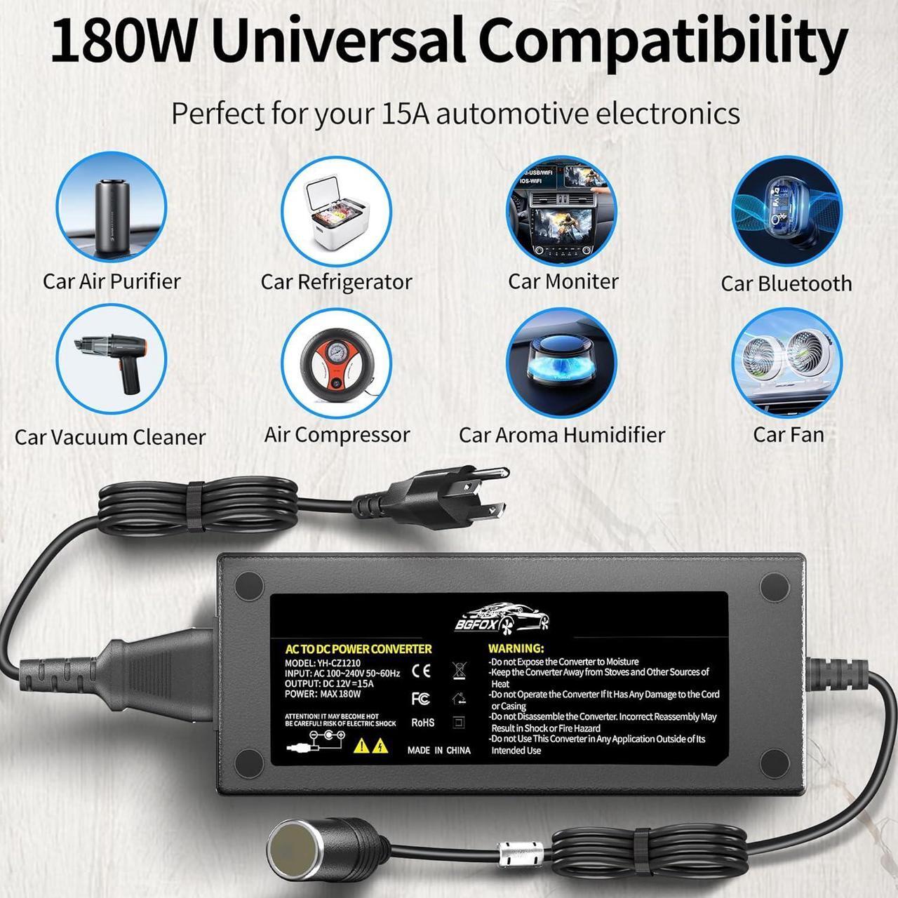 Alt view image 2 of 7 - AC to DC Converter, 15A/180W/7.64ft 110V to 12V Converter with Cooling Fan, Car Cigarette Lighter Socket AC/DC Power Supply Adapter for Inflator, Car Vacuum Cleaner, Car Refrigerator, etc.