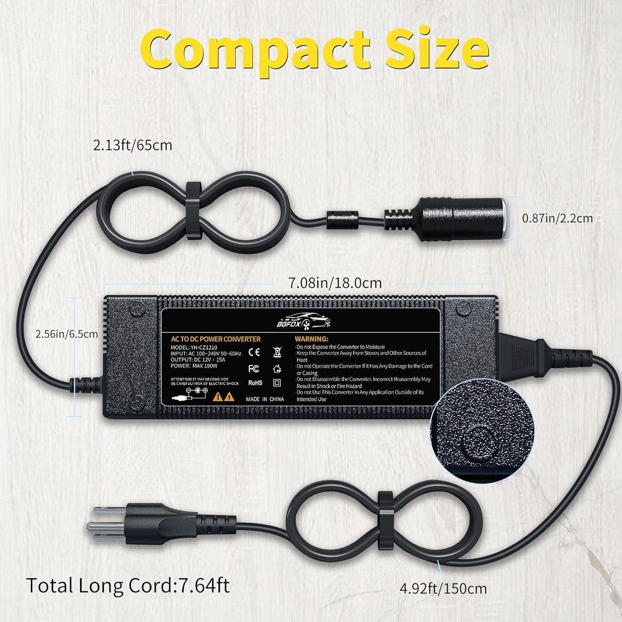 Alt view image 5 of 7 - AC to DC Converter, 15A/180W/7.64ft 110V to 12V Converter with Cooling Fan, Car Cigarette Lighter Socket AC/DC Power Supply Adapter for Inflator, Car Vacuum Cleaner, Car Refrigerator, etc.