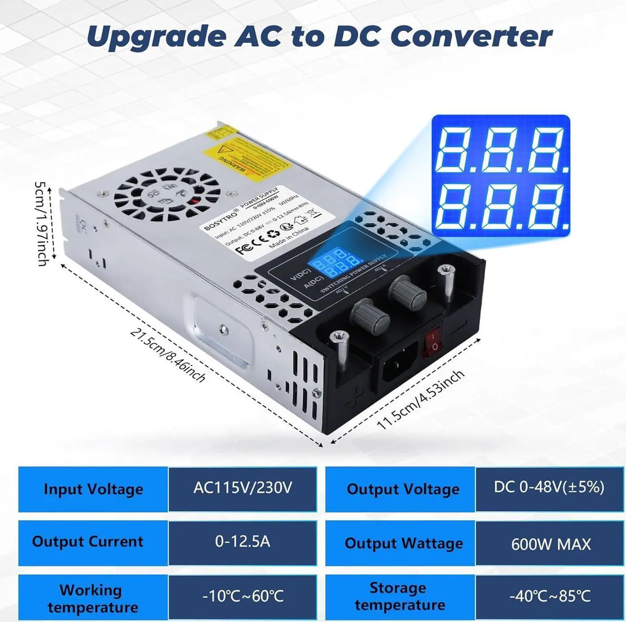 Alt view image 2 of 7 - AC to DC Converter 60V DC Power Supply Adjustable 0-60V 0-10A SMPS Max 600W Switching Power Supply for Led Strip, Motor Pump, CCTV, 3D Printer, Lab Computer