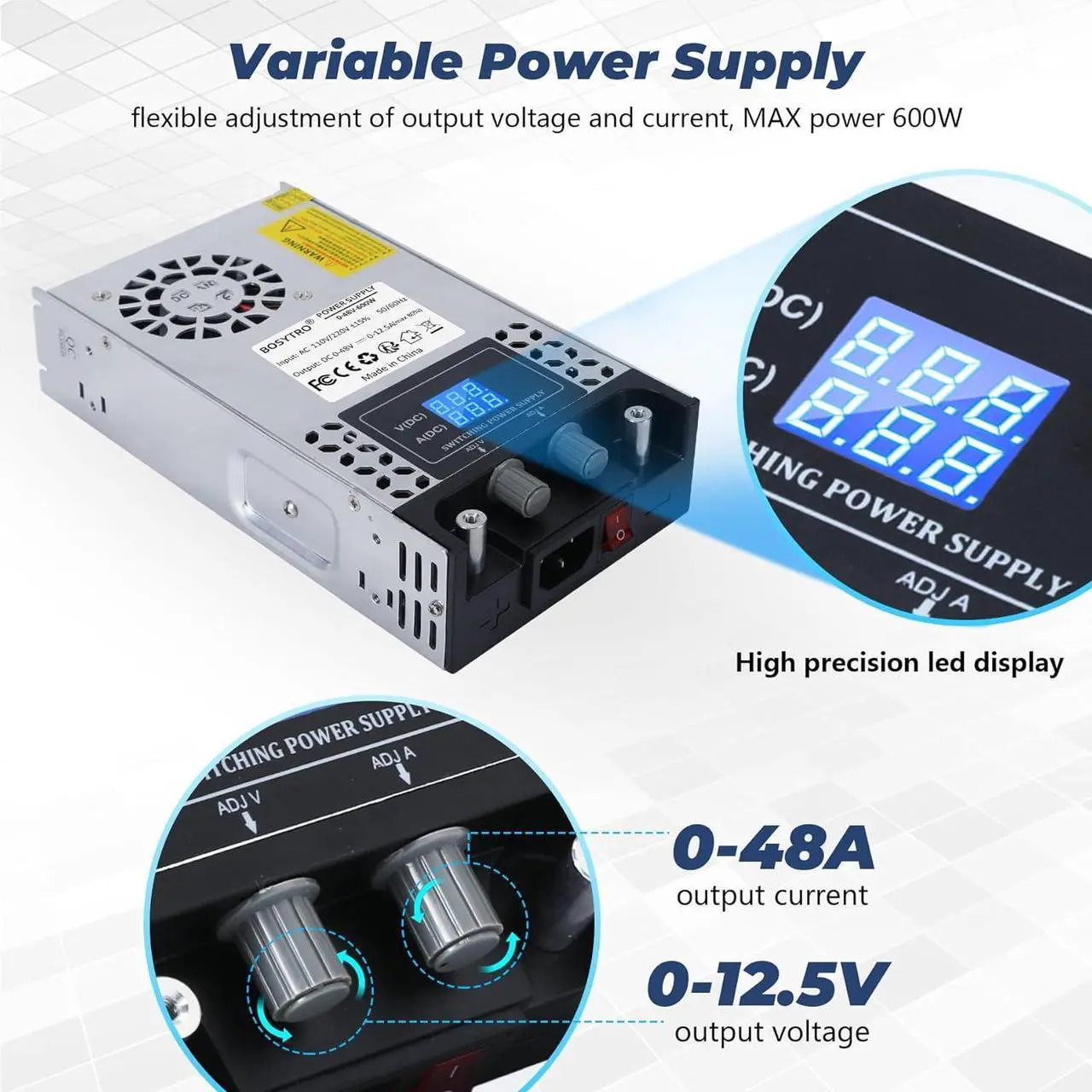 Alt view image 5 of 7 - AC to DC Converter 60V DC Power Supply Adjustable 0-60V 0-10A SMPS Max 600W Switching Power Supply for Led Strip, Motor Pump, CCTV, 3D Printer, Lab Computer