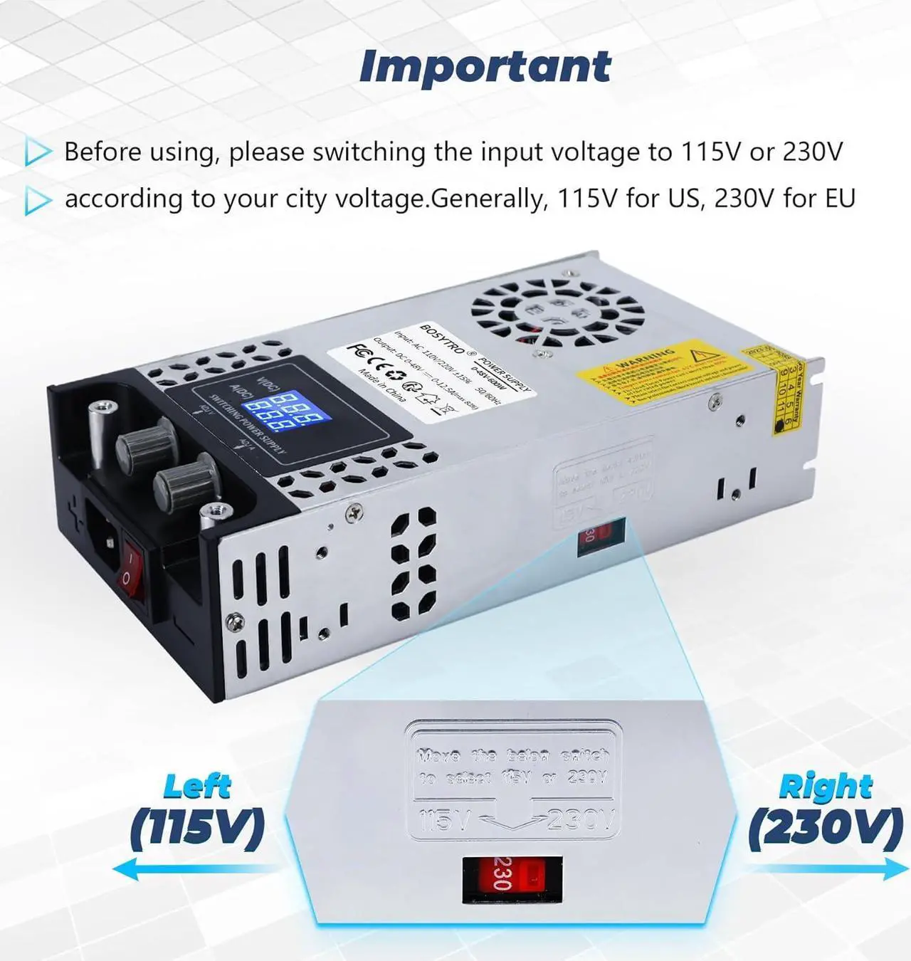 Alt view image 7 of 7 - AC to DC Converter 60V DC Power Supply Adjustable 0-60V 0-10A SMPS Max 600W Switching Power Supply for Led Strip, Motor Pump, CCTV, 3D Printer, Lab Computer