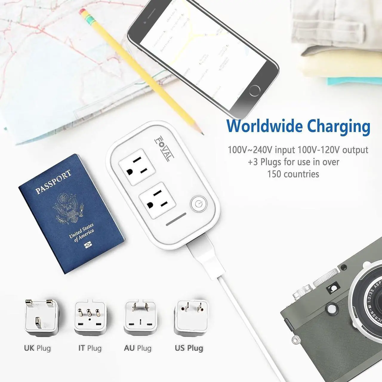 Alt view image 7 of 7 - Power Step Down 220V to 110V Travel Voltage Converter International Power Adapter for Hair Straightener/Curling Iron with 4-Port USB Charging US/UK/AU/IT/EU Universal Plug Adapter White