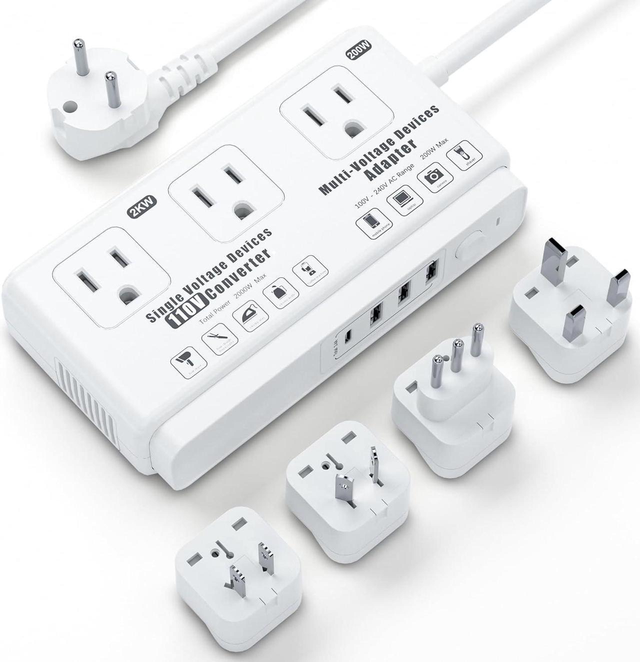 Main image of 220v to 110v Travel Voltage Converter: International Universal Voltage Converter US to Europe Power Strip Plug Transformer - 2000W Electric Hair Dryer Step Down Outlet Converters for European UK EU