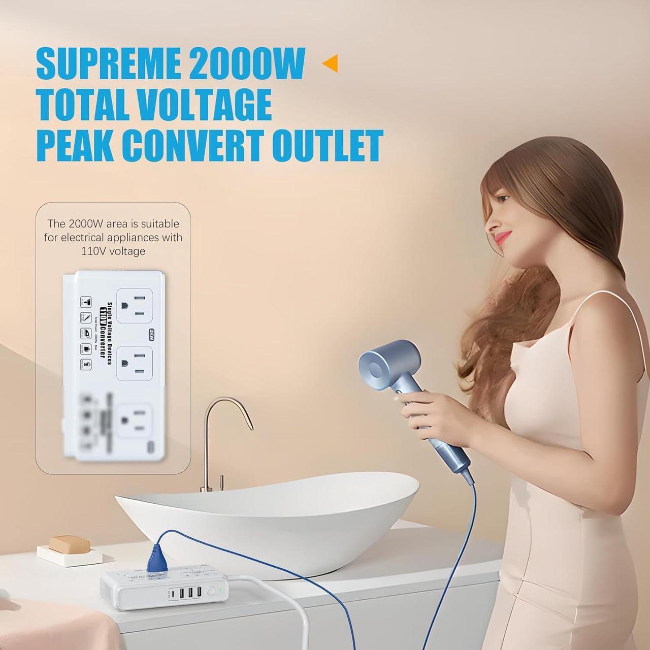 Alt view image 4 of 7 - 220v to 110v Travel Voltage Converter: International Universal Voltage Converter US to Europe Power Strip Plug Transformer - 2000W Electric Hair Dryer Step Down Outlet Converters for European UK EU