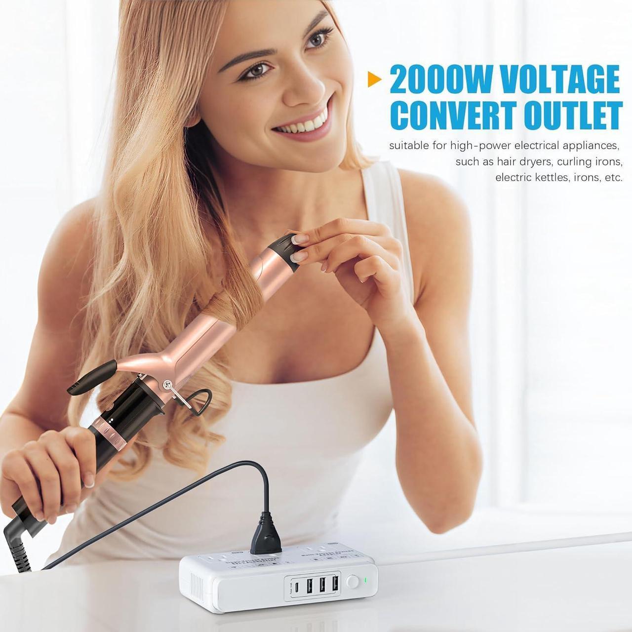 Alt view image 2 of 7 - 220v to 110v Travel Voltage Converter: International Universal Voltage Converter US to Europe Power Strip Plug Transformer - 2000W Electric Hair Dryer Step Down Outlet Converters for European UK EU