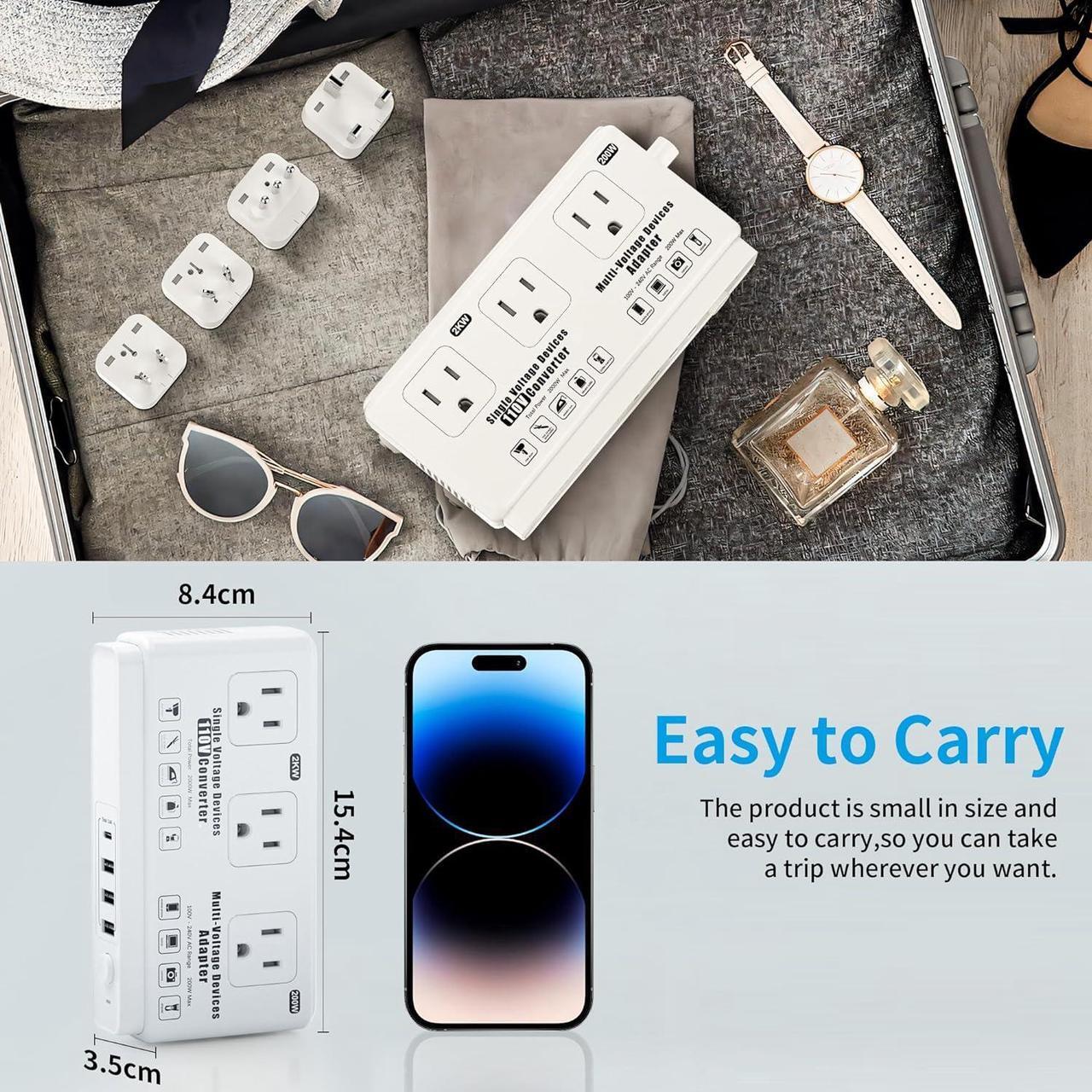 Alt view image 6 of 7 - 220v to 110v Travel Voltage Converter: International Universal Voltage Converter US to Europe Power Strip Plug Transformer - 2000W Electric Hair Dryer Step Down Outlet Converters for European UK EU