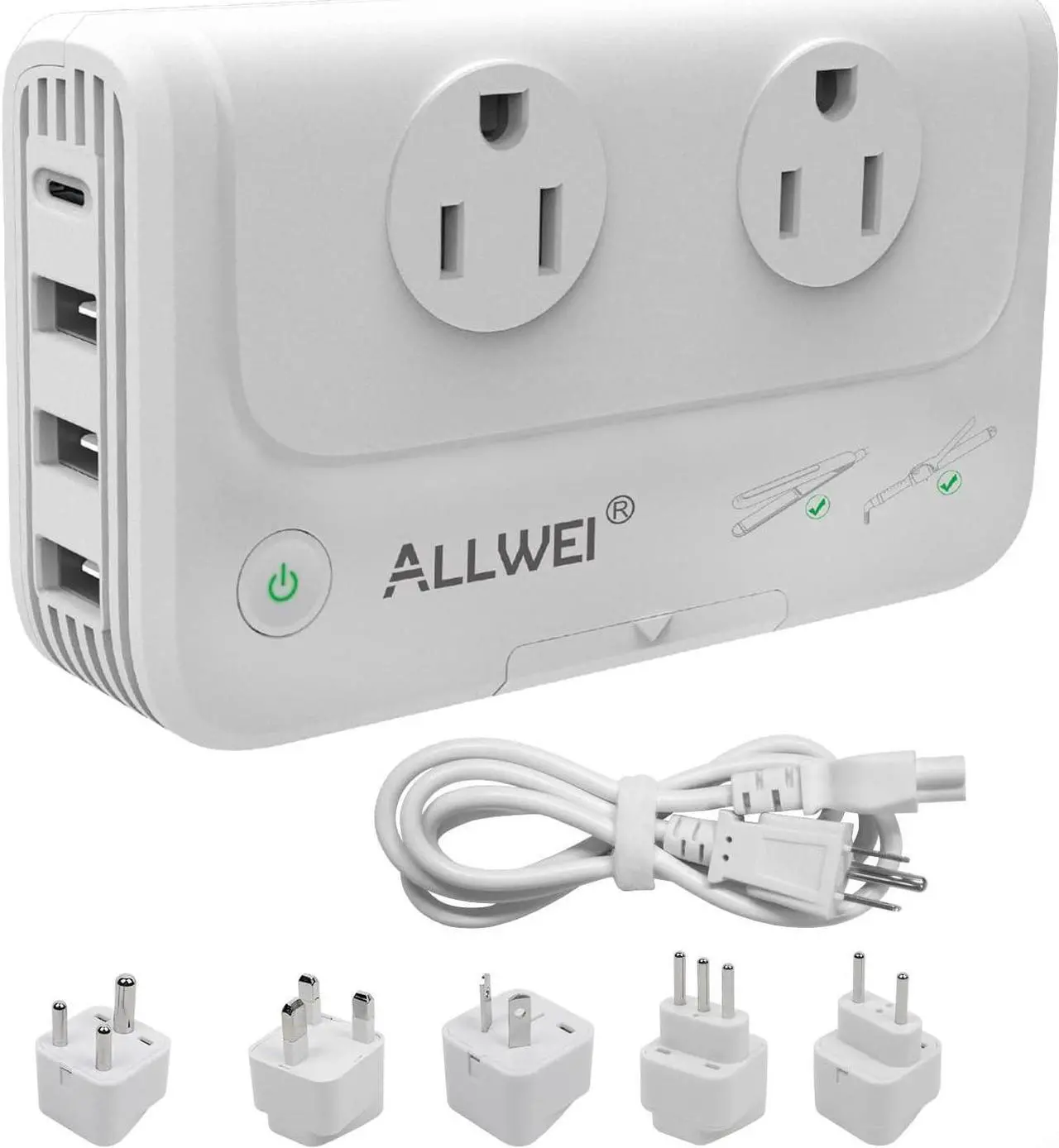 Main image of International Travel Adapter 220V to 110V Power Voltage Converter for Hair Straightener/Curling Iron, Universal Power Plug Adapter UK, US, AU, EU, IT, India (White)
