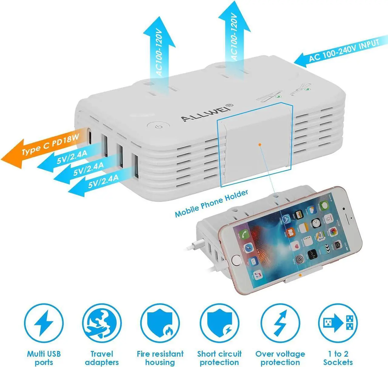 Alt view image 7 of 7 - International Travel Adapter 220V to 110V Power Voltage Converter for Hair Straightener/Curling Iron, Universal Power Plug Adapter UK, US, AU, EU, IT, India (White)