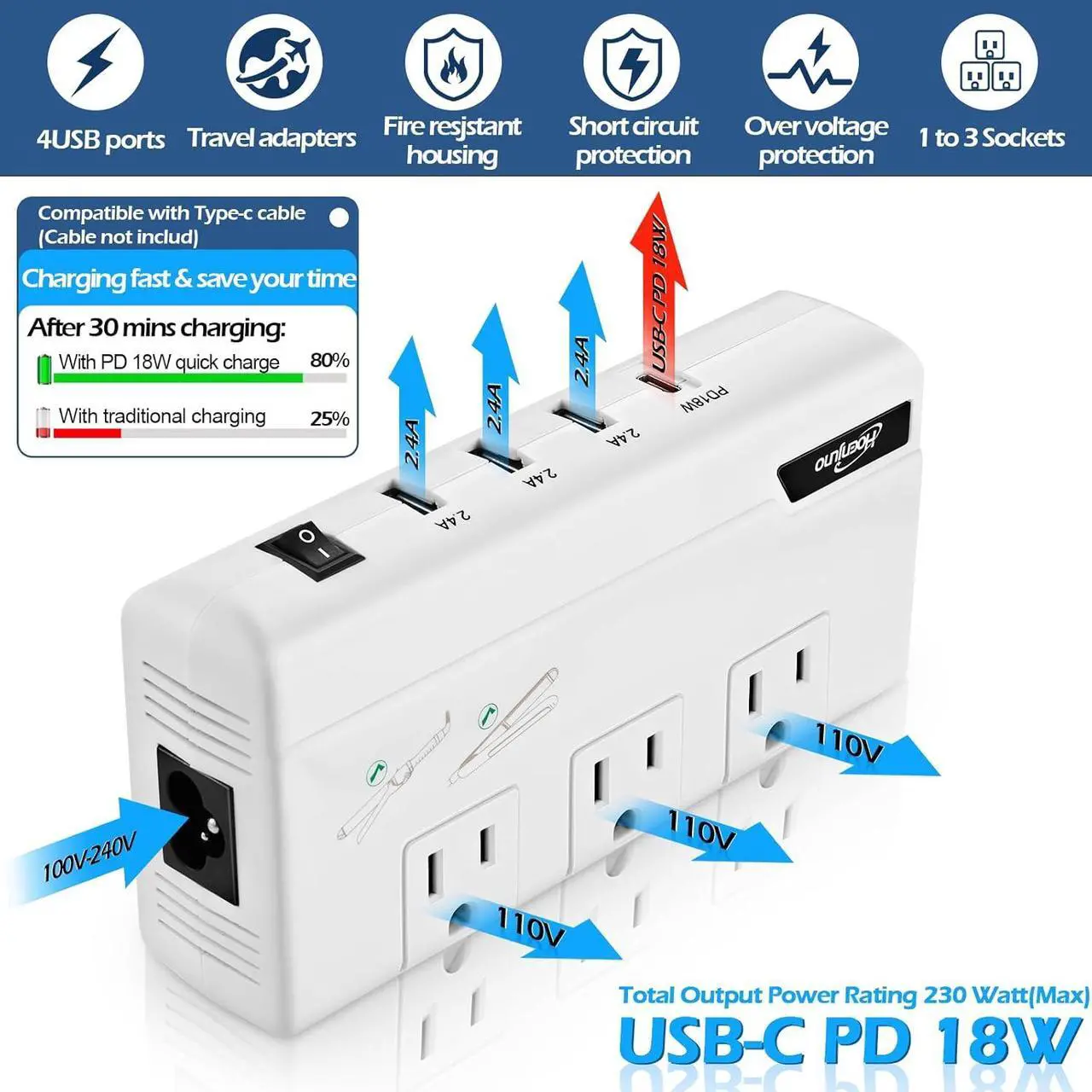 Alt view image 5 of 6 - Travel Voltage Converter 220V to 110V Step Down, 230W International Travel Adapter for Hair Straightener/Curling Iron, Universal Power Plug Adapter Including UK, US, AU, EU, IT, India, etc.