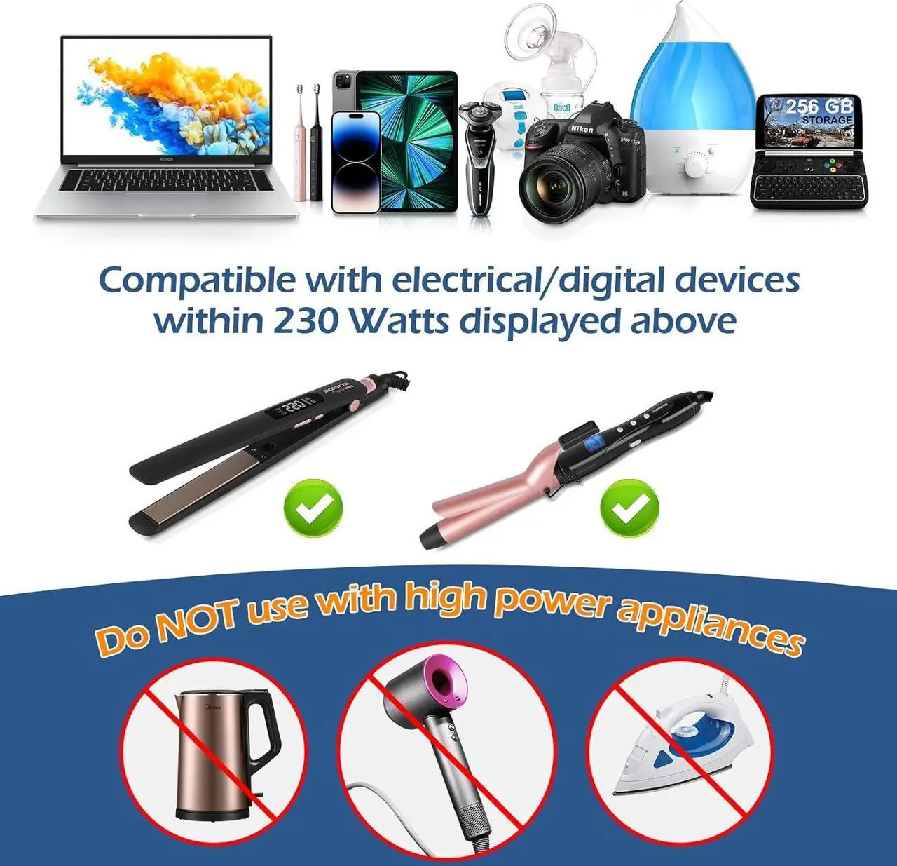Alt view image 3 of 6 - Travel Voltage Converter 220V to 110V Step Down, 230W International Travel Adapter for Hair Straightener/Curling Iron, Universal Power Plug Adapter Including UK, US, AU, EU, IT, India, etc.