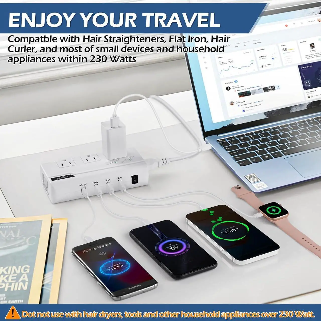 Alt view image 4 of 6 - Travel Voltage Converter 220V to 110V Step Down, 230W International Travel Adapter for Hair Straightener/Curling Iron, Universal Power Plug Adapter Including UK, US, AU, EU, IT, India, etc.