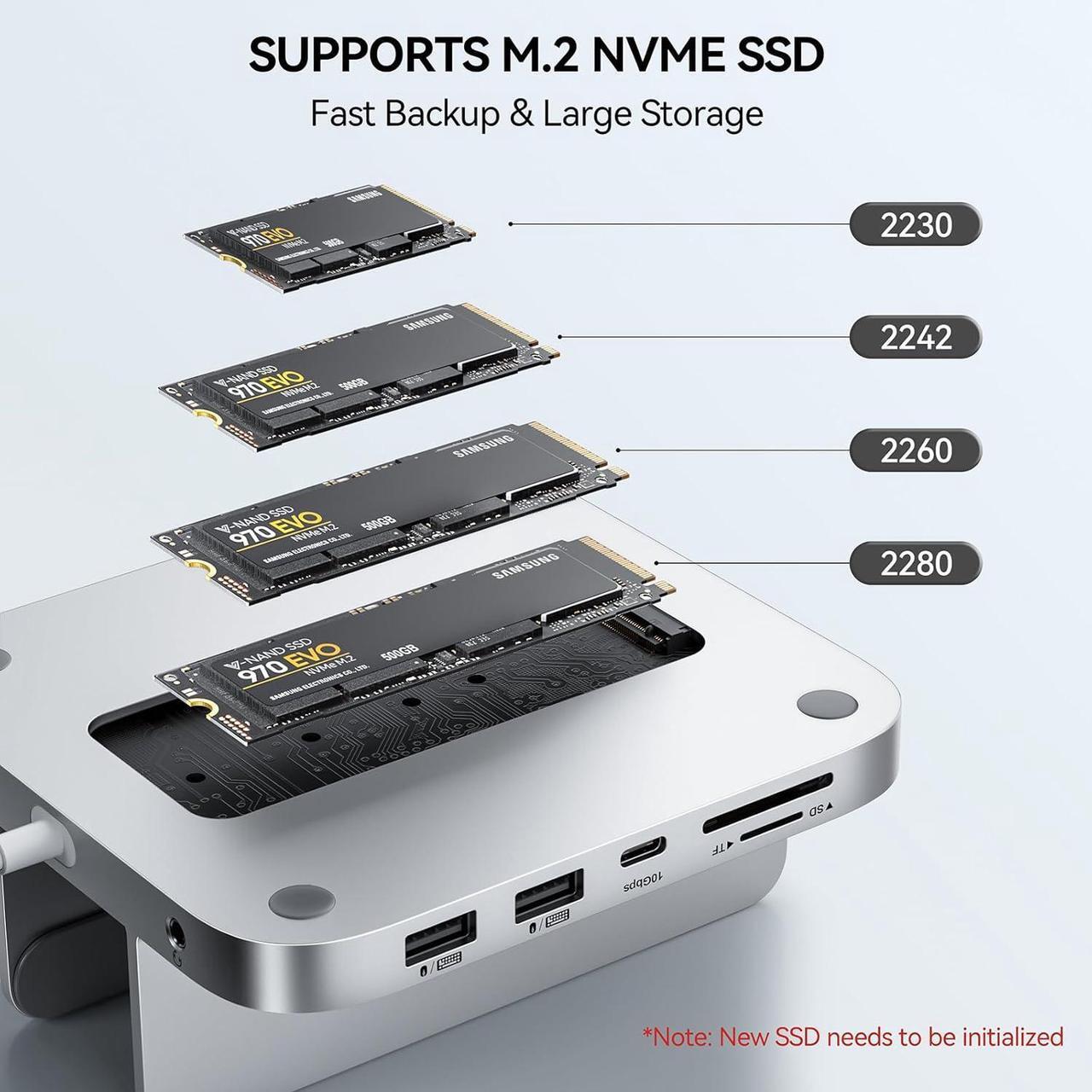 Alt view image 2 of 7 - Mac Mini Dock & Stand with M.2 NVMe SSD Enclosure, Upgrade 8 in 1 Mac Mini hub Support 10Gbps USB C/A, TF& SD Card, Audio Jack, Mac Mini Accessories for Mac Mini M2/M2 Pro/M1(2018 & Later)