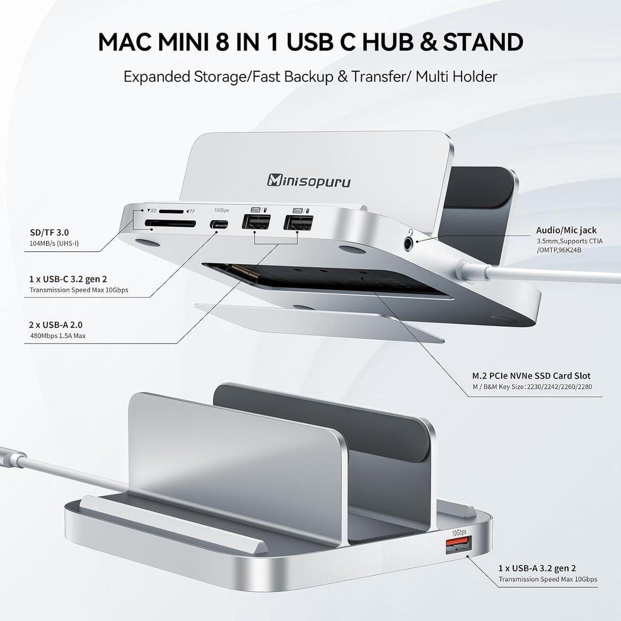 Alt view image 3 of 7 - Mac Mini Dock & Stand with M.2 NVMe SSD Enclosure, Upgrade 8 in 1 Mac Mini hub Support 10Gbps USB C/A, TF& SD Card, Audio Jack, Mac Mini Accessories for Mac Mini M2/M2 Pro/M1(2018 & Later)