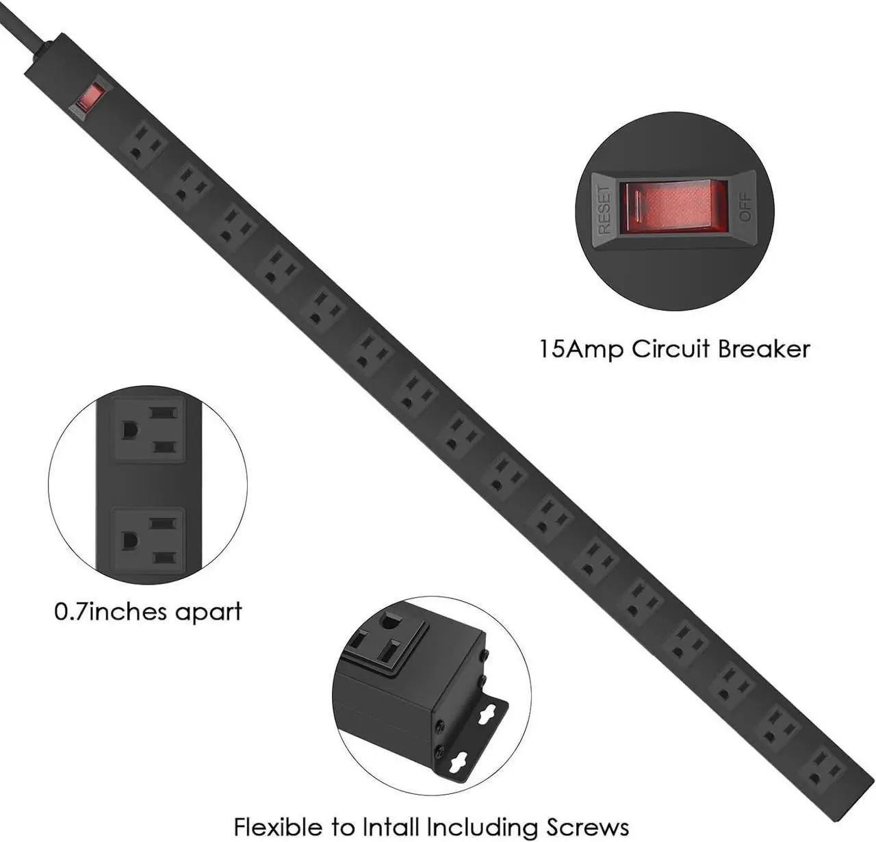Alt view image 3 of 7 - Metal Wall Mount Power Strip, Mountable Power Outlet, Aluminum Alloy Mount Power Socket with Switch, 10 FT SJT 3/C 14AWG Power Cord, 15A 125V 1875W (16 Outlet) Black