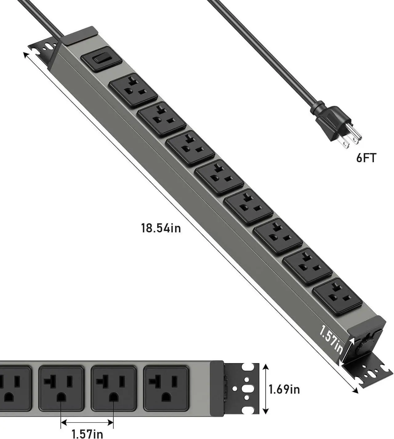 Alt view image 6 of 7 - Heavy Duty Power Strip Wall Mount, 20 Amp Surge Protector 1200J Metal 8 Outlet Under Desk Mounted 20A, Garage Power Bar Table Socket Industrial Outlets 6-20R T-Slot, 6FT 12AWG Extension Cord