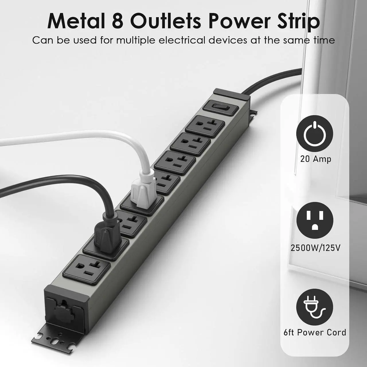 Alt view image 5 of 7 - Heavy Duty Power Strip Wall Mount, 20 Amp Surge Protector 1200J Metal 8 Outlet Under Desk Mounted 20A, Garage Power Bar Table Socket Industrial Outlets 6-20R T-Slot, 6FT 12AWG Extension Cord