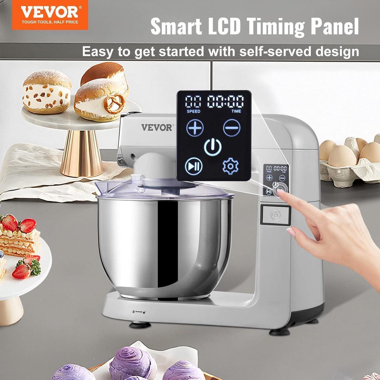 Alt view image 2 of 7 - 6 IN 1 Stand Mixer, 450W Tilt-Head Multifunctional Electric Mixer with 6 Speeds LCD Screen Timing, 7.4Qt Stainless Bowl, Dough Hook, Flat Beater, Whisk, Scraper, Grinder, Stuffer, Slicer - Gray