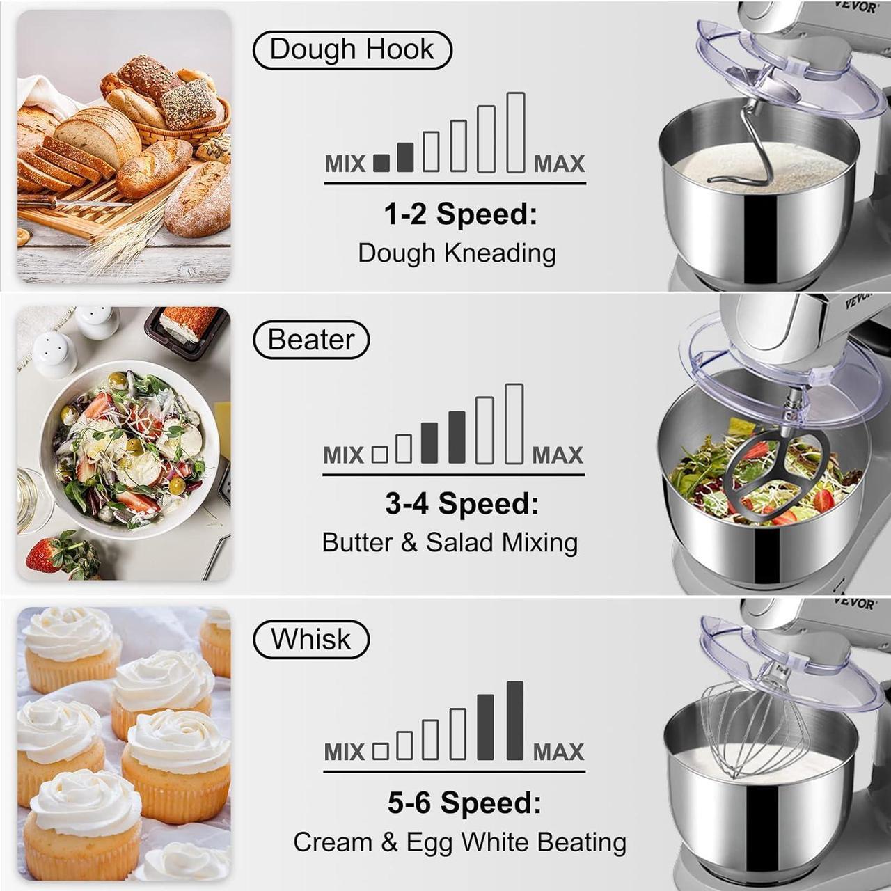 Alt view image 3 of 7 - 6 IN 1 Stand Mixer, 450W Tilt-Head Multifunctional Electric Mixer with 6 Speeds LCD Screen Timing, 7.4Qt Stainless Bowl, Dough Hook, Flat Beater, Whisk, Scraper, Grinder, Stuffer, Slicer - Gray
