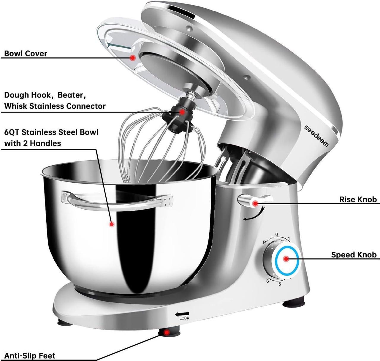 Alt view image 3 of 7 - Stand Mixer, 6Qt Electric Food Mixer, 660W 6-Speeds Tilt-Head Dough Mixers with Dishwasher-Safe Dough Hook, Wire Whip & Beater for Daily Use, Silver