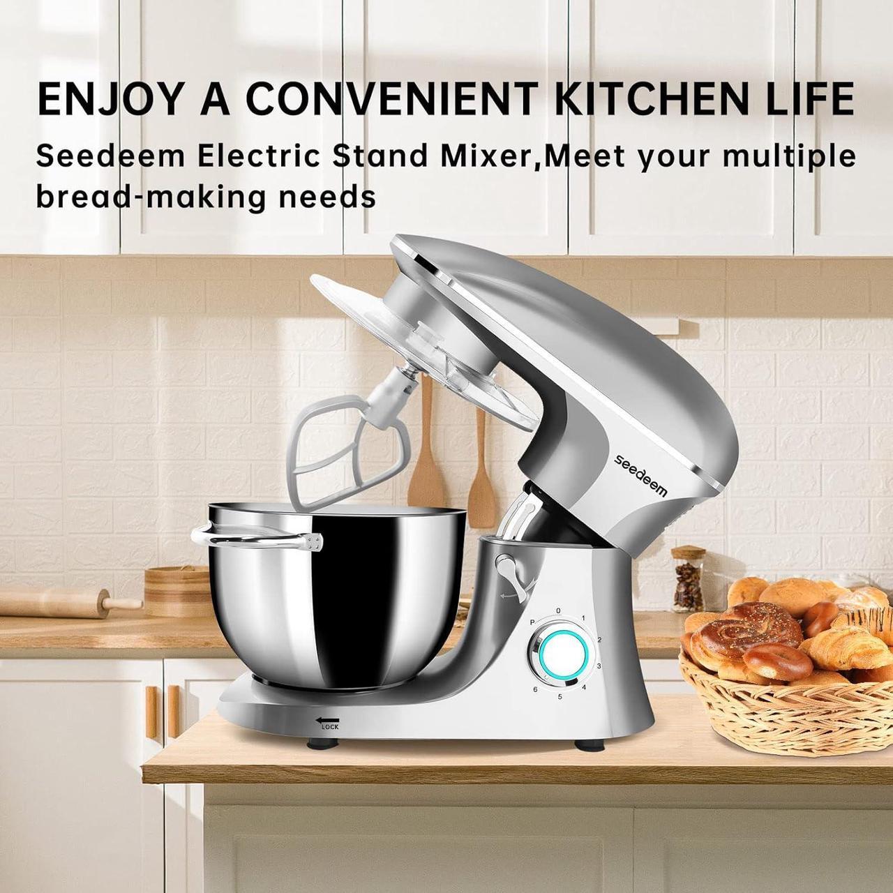 Alt view image 5 of 7 - Stand Mixer, 6Qt Electric Food Mixer, 660W 6-Speeds Tilt-Head Dough Mixers with Dishwasher-Safe Dough Hook, Wire Whip & Beater for Daily Use, Silver