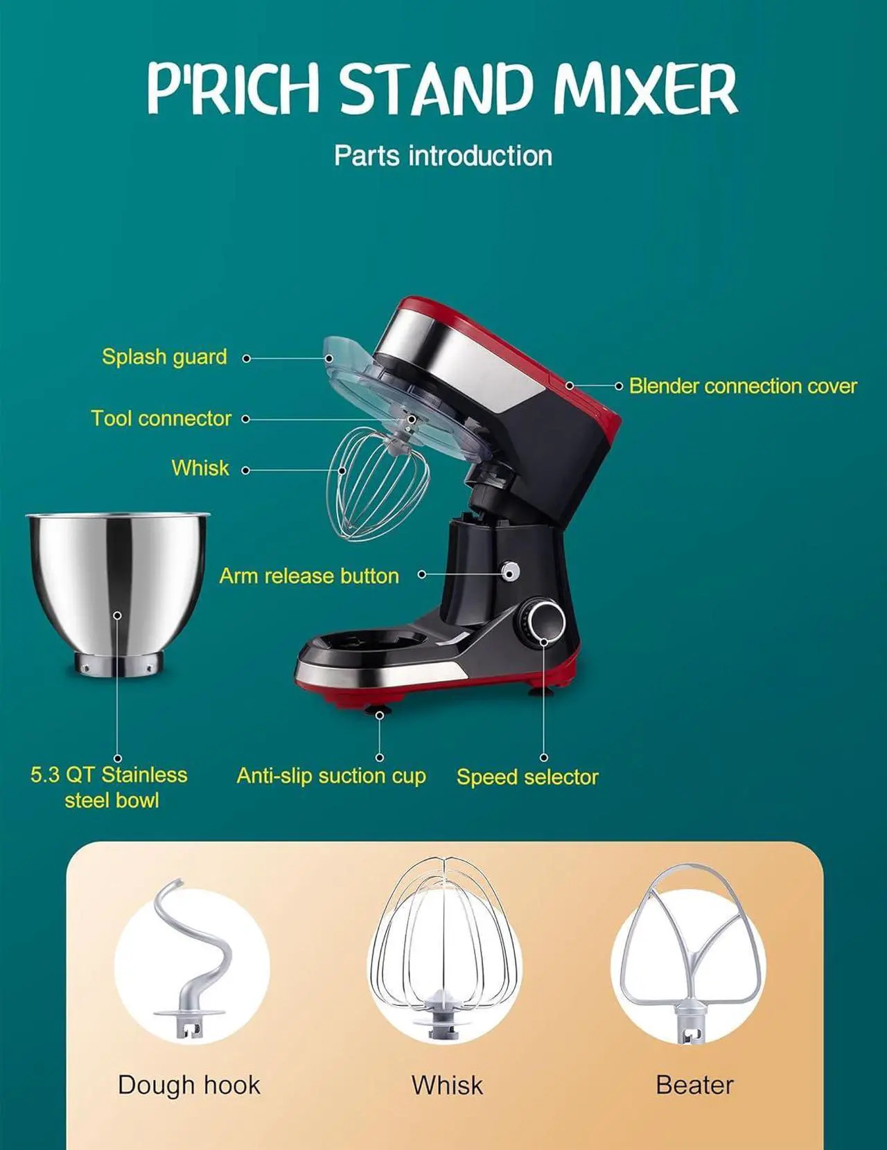 Alt view image 6 of 7 - Stand Mixer,8-Speed 600W Tilt-Head Electric Stand Mixer,3-In-1 Kitchen Mixer with Bowl, Dough Hook, Whisk and Beater, Food Mixer for Baking, Cake and Most Home Cooks,Red