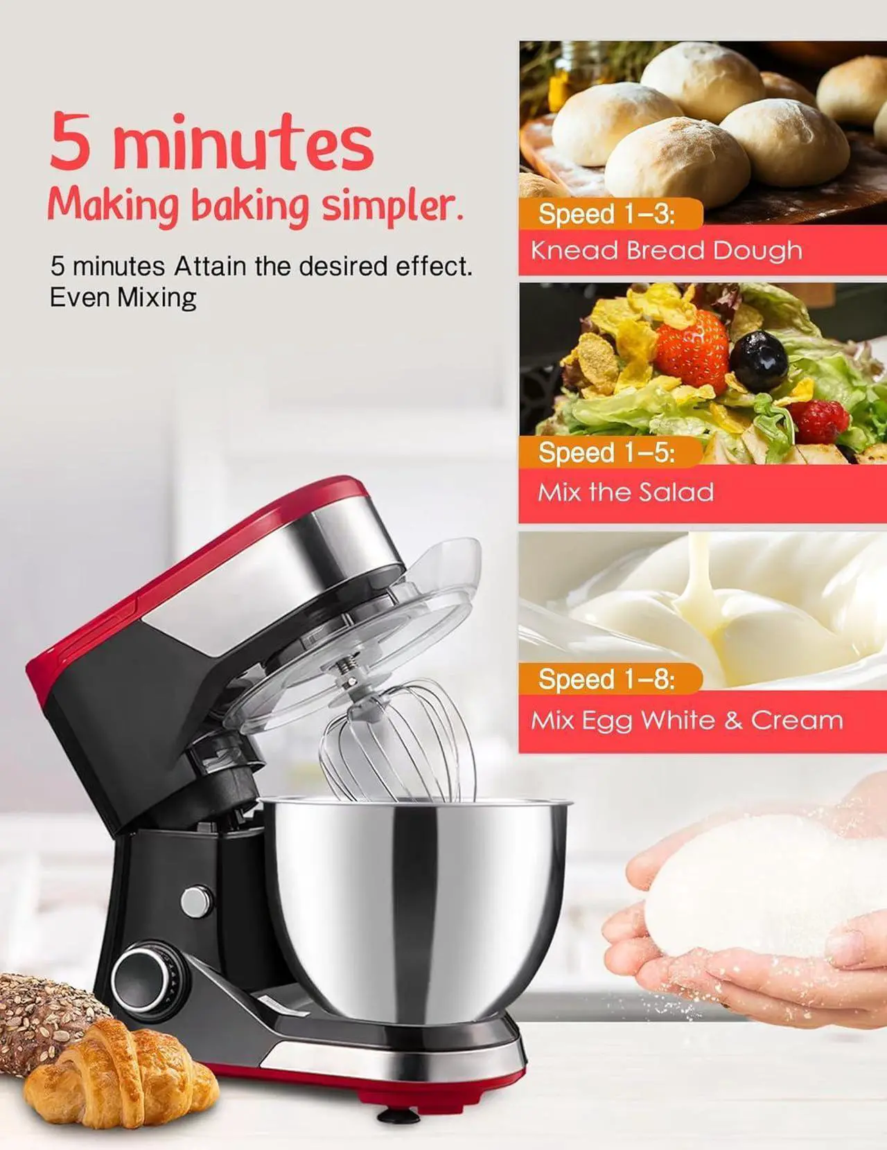 Alt view image 2 of 7 - Stand Mixer,8-Speed 600W Tilt-Head Electric Stand Mixer,3-In-1 Kitchen Mixer with Bowl, Dough Hook, Whisk and Beater, Food Mixer for Baking, Cake and Most Home Cooks,Red