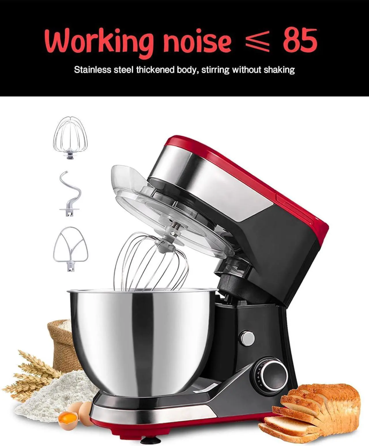 Alt view image 3 of 7 - Stand Mixer,8-Speed 600W Tilt-Head Electric Stand Mixer,3-In-1 Kitchen Mixer with Bowl, Dough Hook, Whisk and Beater, Food Mixer for Baking, Cake and Most Home Cooks,Red