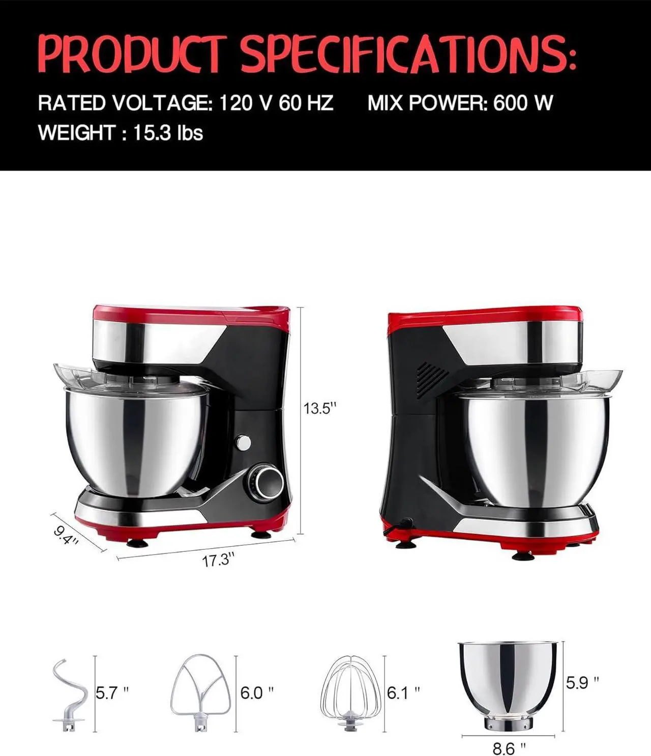 Alt view image 5 of 7 - Stand Mixer,8-Speed 600W Tilt-Head Electric Stand Mixer,3-In-1 Kitchen Mixer with Bowl, Dough Hook, Whisk and Beater, Food Mixer for Baking, Cake and Most Home Cooks,Red