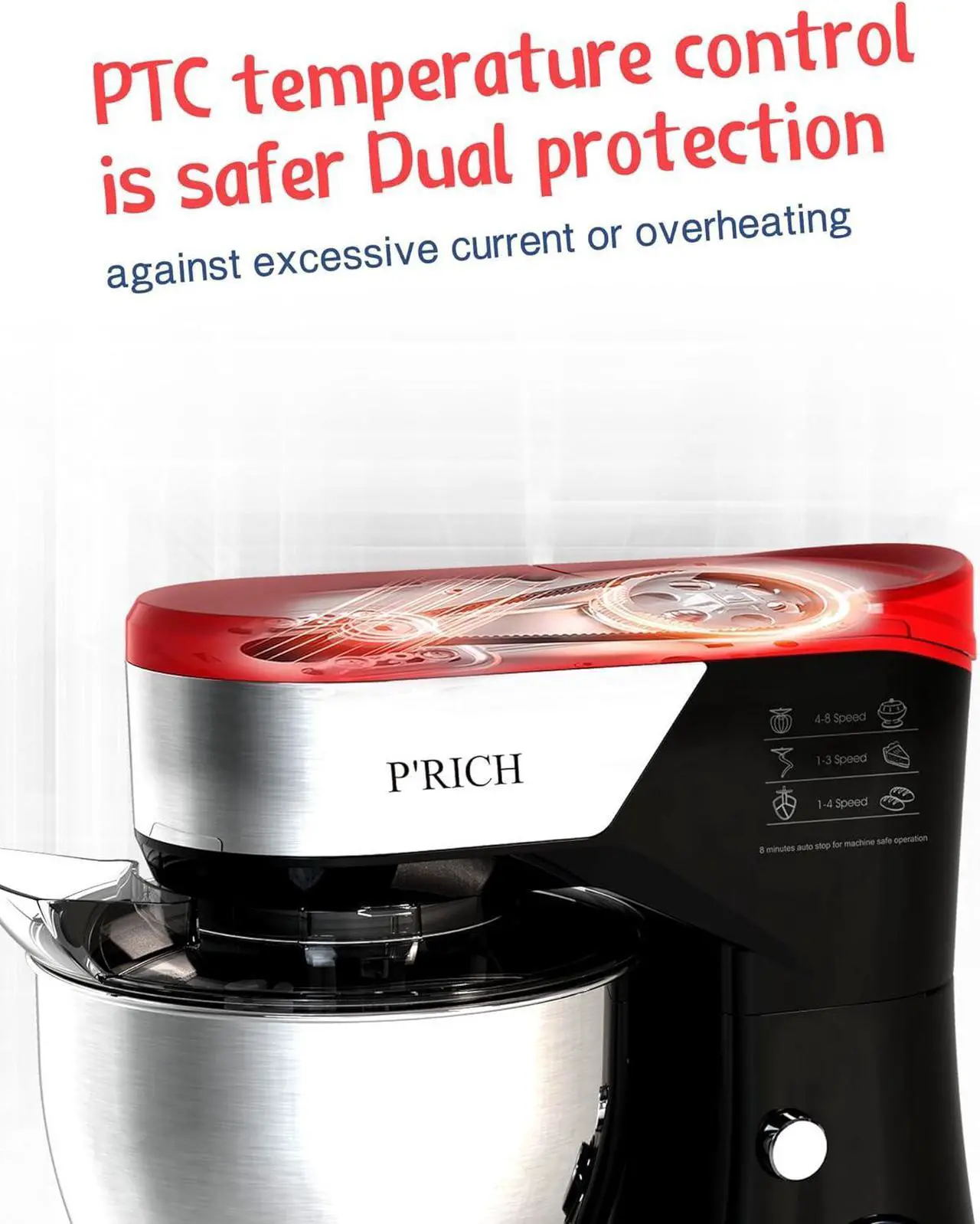 Alt view image 7 of 7 - Stand Mixer,8-Speed 600W Tilt-Head Electric Stand Mixer,3-In-1 Kitchen Mixer with Bowl, Dough Hook, Whisk and Beater, Food Mixer for Baking, Cake and Most Home Cooks,Red