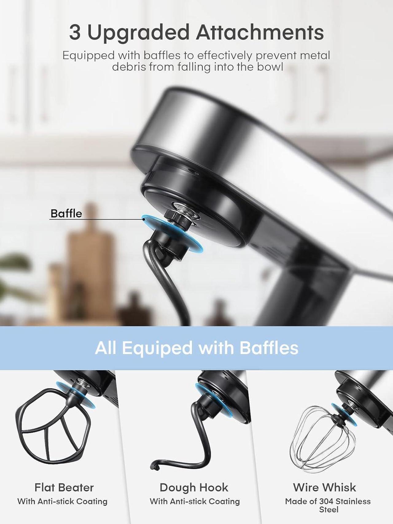 Alt view image 4 of 7 - Stand Mixer FOHERE, 5.8 QT Stainless Steel Mixer with Dough Hook, Mixing Beater, Wire Whip, Dishwasher-safe, 6+P Speeds Tilt-Head Kitchen Dough Mixers for Cake, Electric Home Cooking Kitchen Mixer