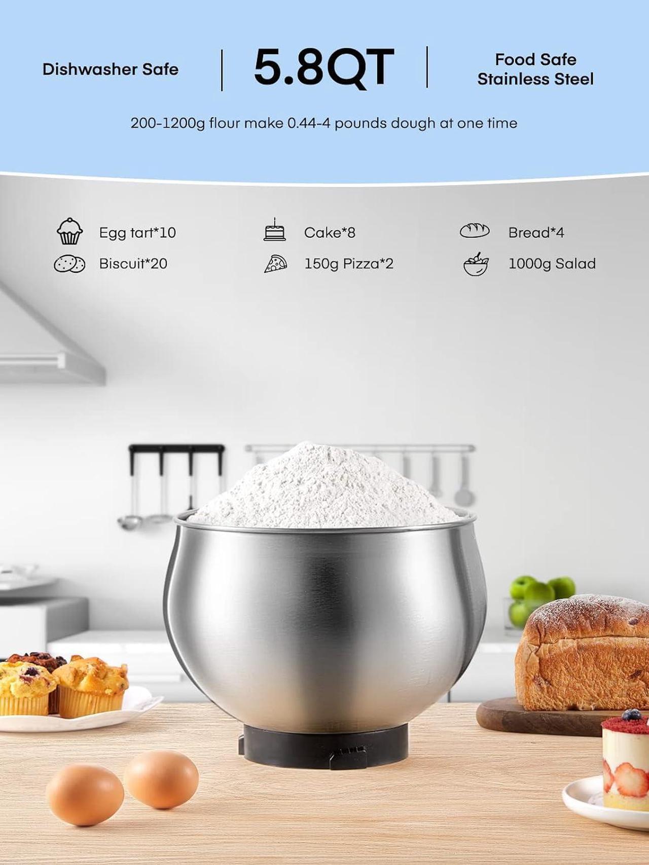 Alt view image 5 of 7 - Stand Mixer FOHERE, 5.8 QT Stainless Steel Mixer with Dough Hook, Mixing Beater, Wire Whip, Dishwasher-safe, 6+P Speeds Tilt-Head Kitchen Dough Mixers for Cake, Electric Home Cooking Kitchen Mixer