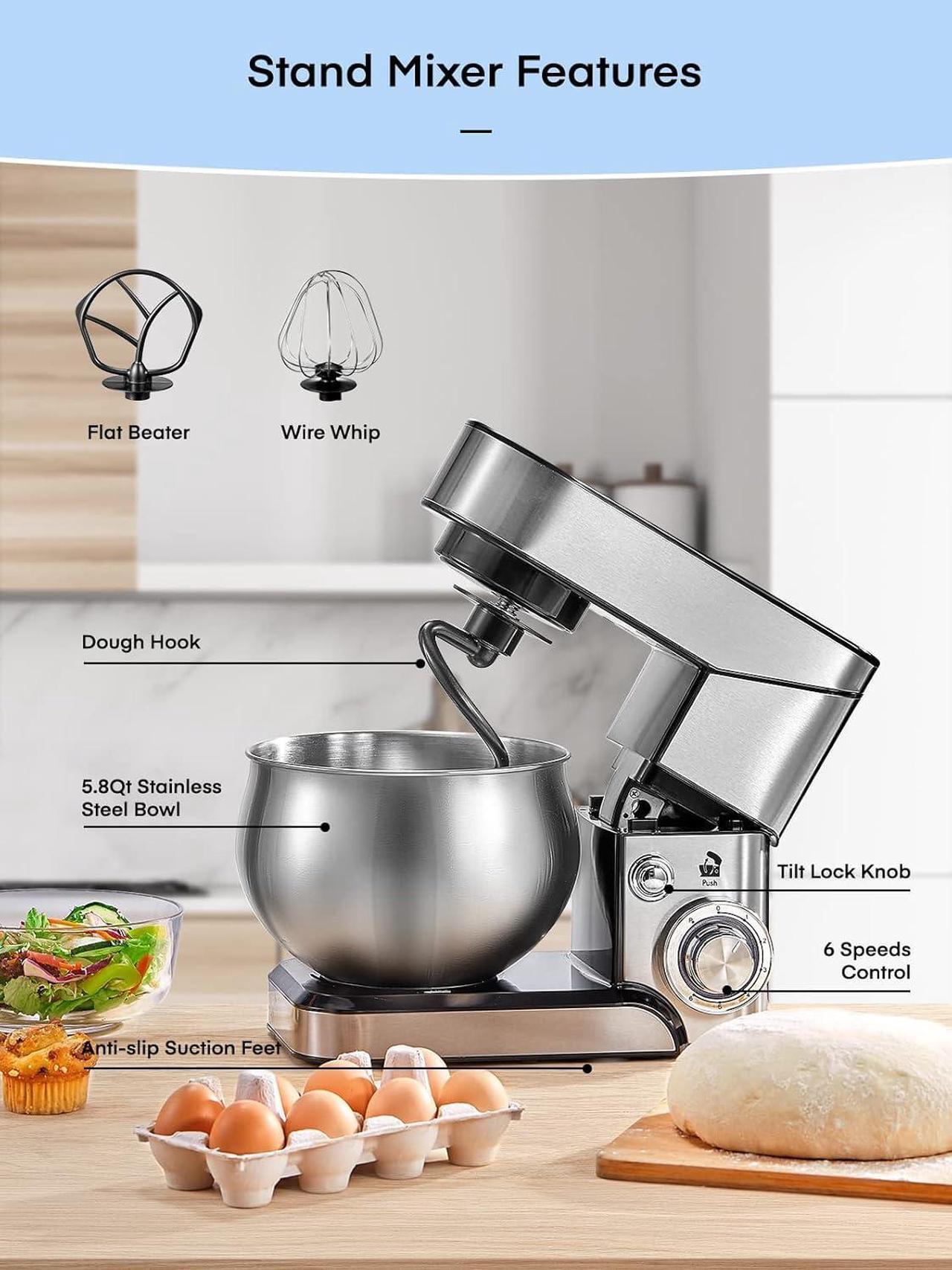 Alt view image 7 of 7 - Stand Mixer FOHERE, 5.8 QT Stainless Steel Mixer with Dough Hook, Mixing Beater, Wire Whip, Dishwasher-safe, 6+P Speeds Tilt-Head Kitchen Dough Mixers for Cake, Electric Home Cooking Kitchen Mixer