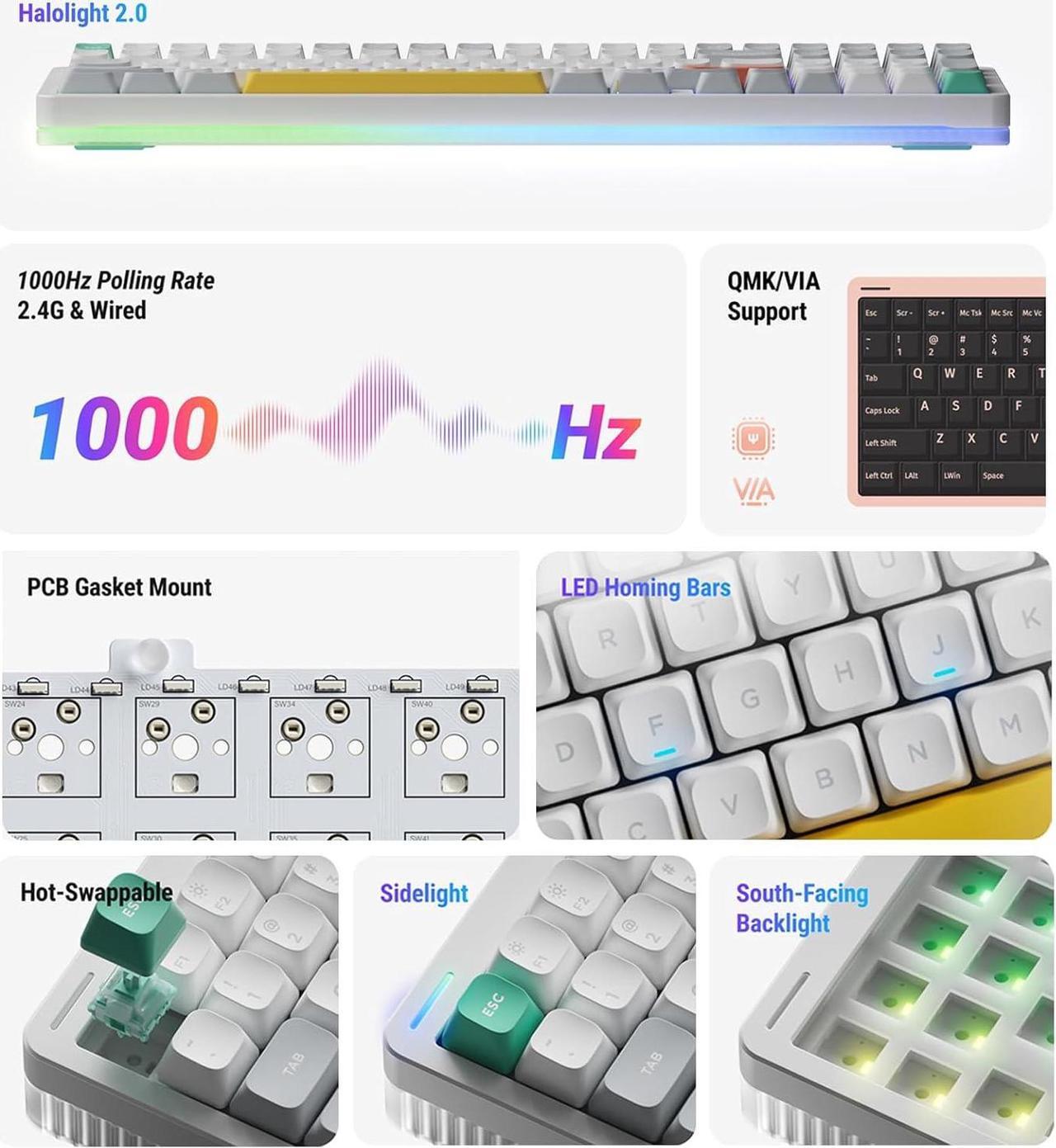 Alt view image 5 of 6 - NUPHY Halo96 V2 Wireless Keyboard,Gasket Structure,96% Hot Swappable Gaming Keyboard, 99 Kyes RGB Backlit Mechanical Keyboard, Support QMK/VIA,Bluetooth/USB-C/2.4GHz - Green,Raspberry Switches(46gf)