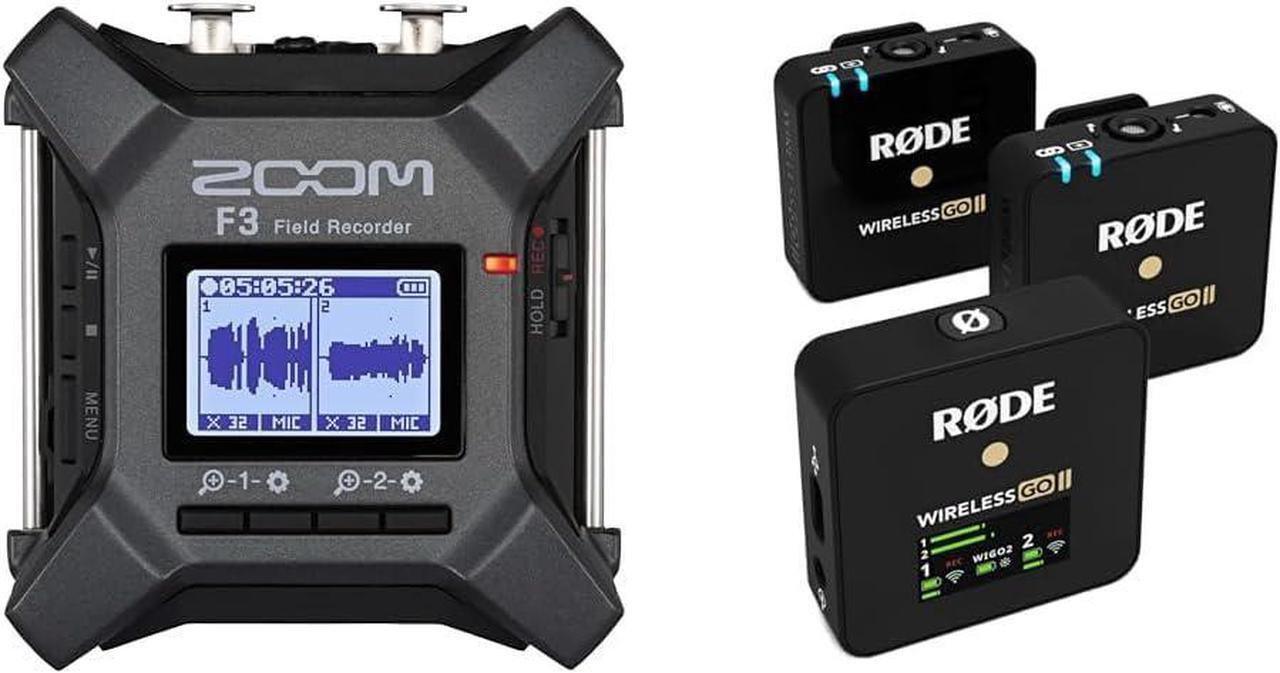 Main image of Zoom F3 Professional Field Recorder, 32-bit Float Recording, 2 Channel Recorder, Dual AD Converters & RØDE Wireless Go II Dual Channel Wireless System with Built-in Microphones