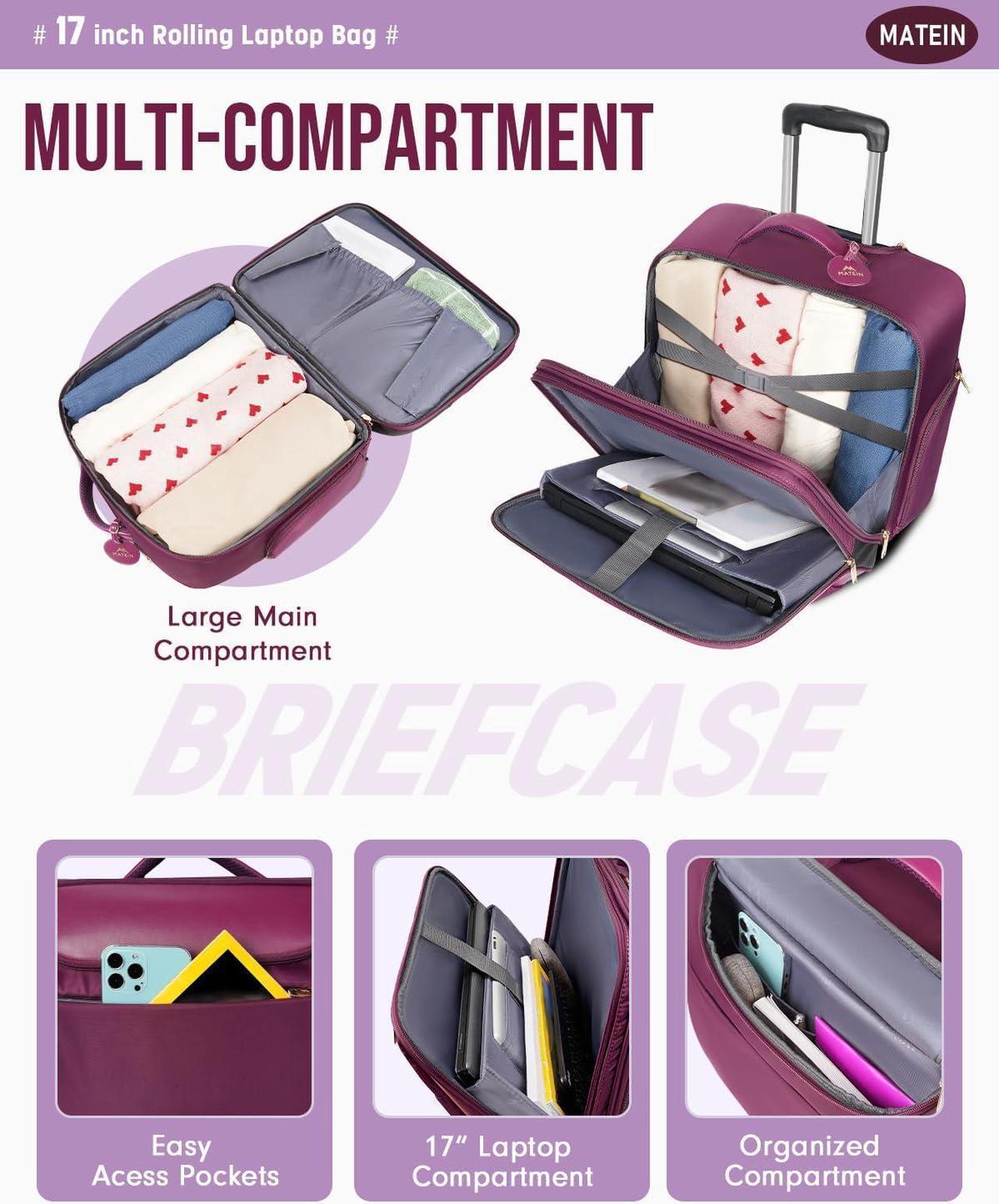 Alt view image 2 of 6 - Rolling Briefcase for Women, Large 17 Inch Laptop Travel Bag with Wheels & 3 Packing Cubes, Carry On Business Luggage Office Roller Computer Case Suitcase for Teacher College Work, Purple