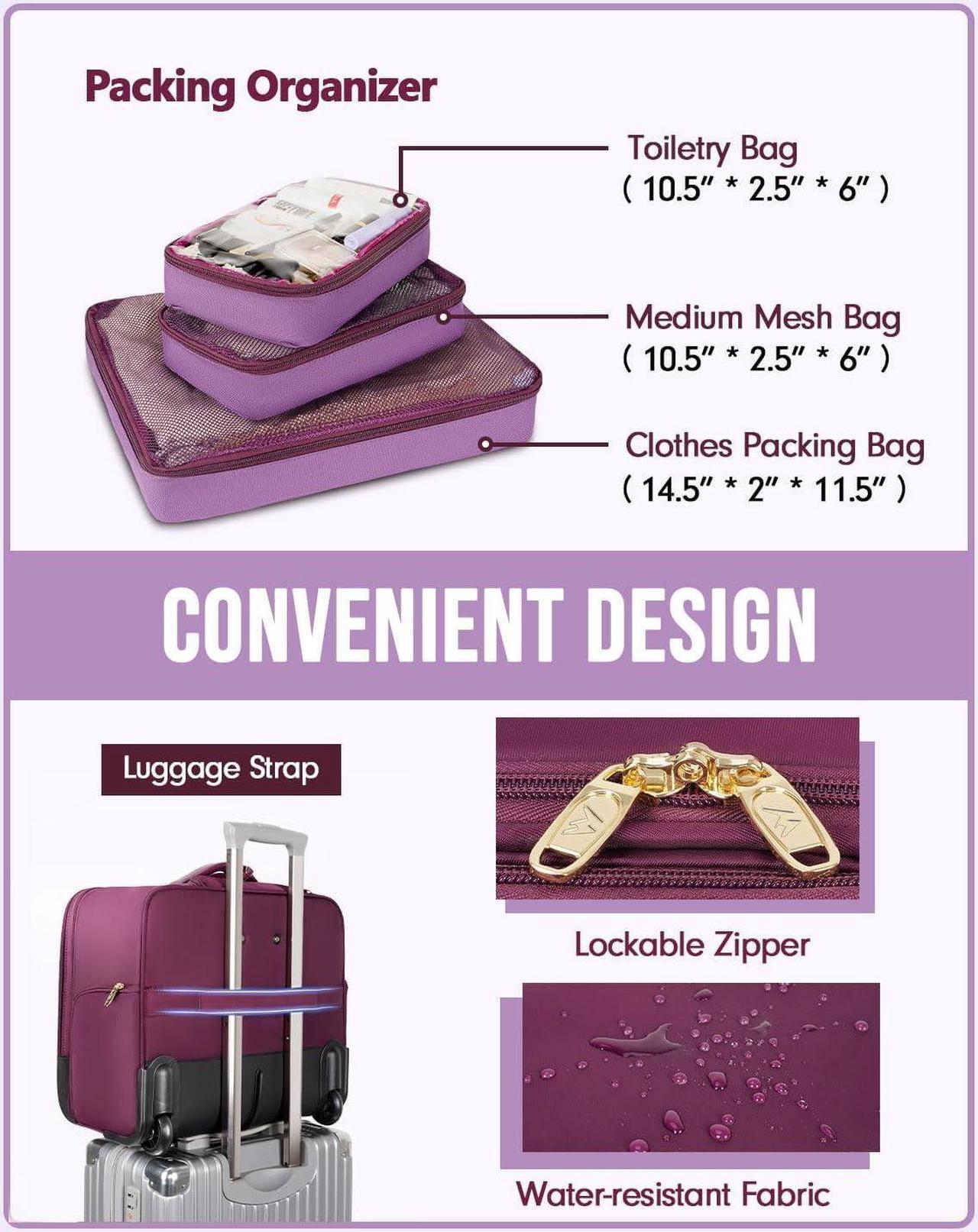 Alt view image 4 of 6 - Rolling Briefcase for Women, Large 17 Inch Laptop Travel Bag with Wheels & 3 Packing Cubes, Carry On Business Luggage Office Roller Computer Case Suitcase for Teacher College Work, Purple