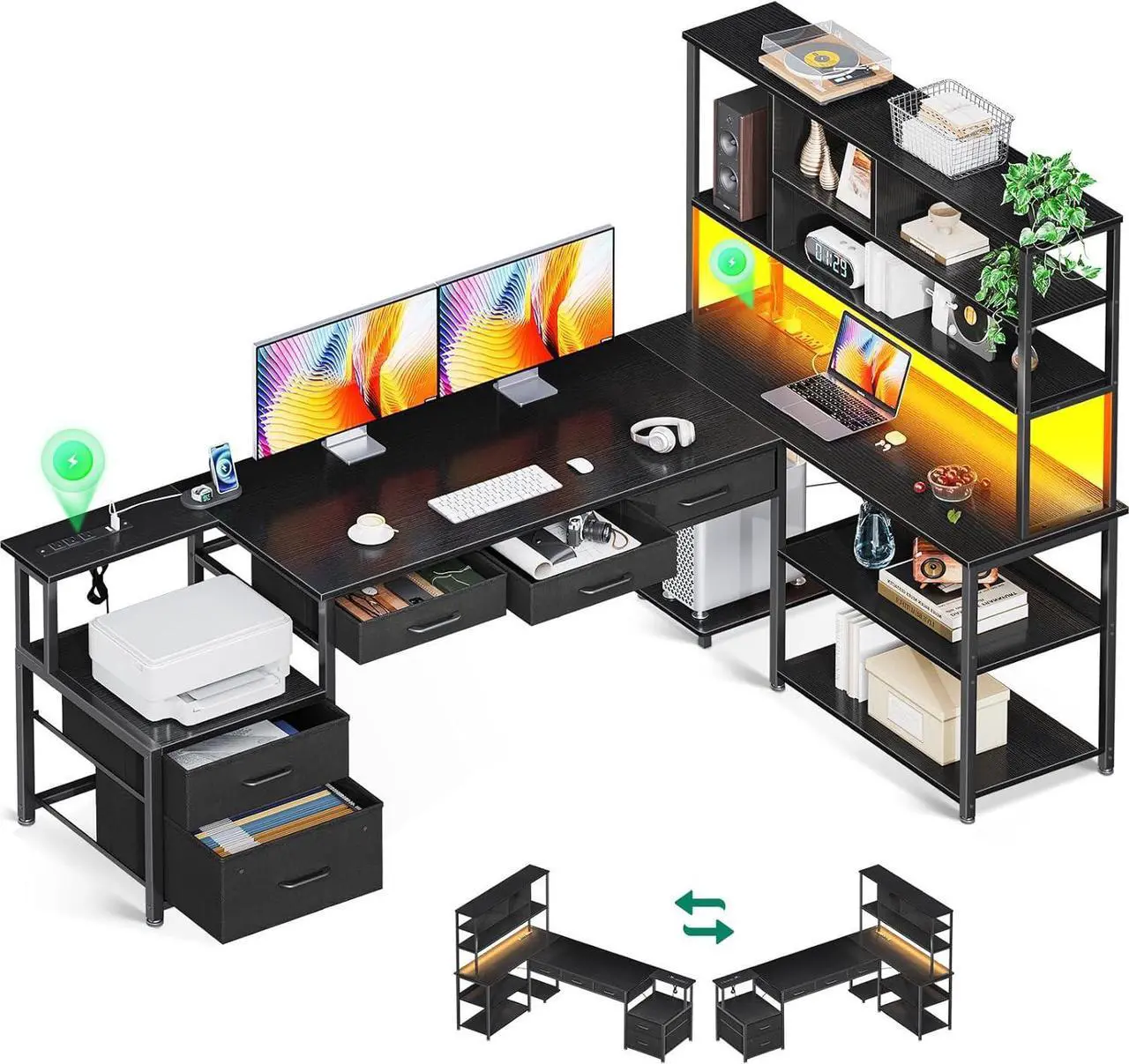 Main image of 79"  L Shaped Desk with File Drawers, Reversible L Shaped Gaming Desk with Power Outlets & LED Lights, Computer Desk with Storage Shelves for Home Office, Black