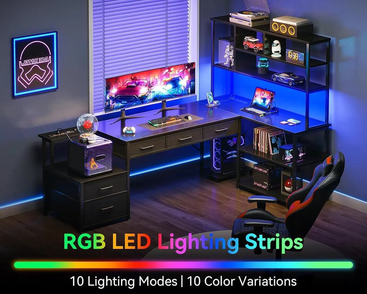 Alt view image 2 of 7 - 79"  L Shaped Desk with File Drawers, Reversible L Shaped Gaming Desk with Power Outlets & LED Lights, Computer Desk with Storage Shelves for Home Office, Black