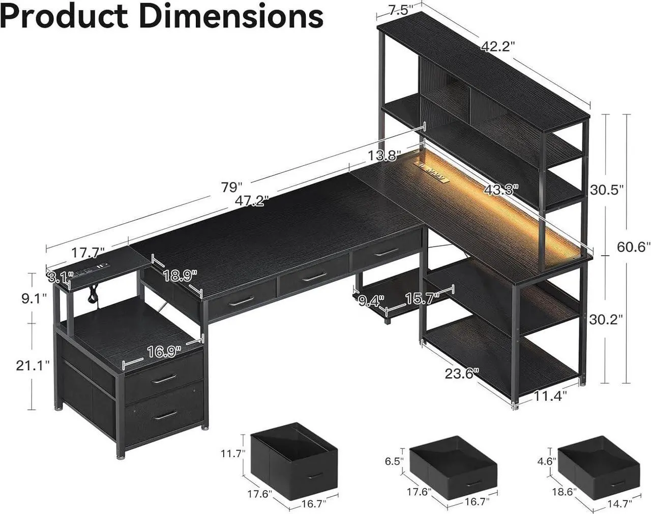 Alt view image 7 of 7 - 79"  L Shaped Desk with File Drawers, Reversible L Shaped Gaming Desk with Power Outlets & LED Lights, Computer Desk with Storage Shelves for Home Office, Black