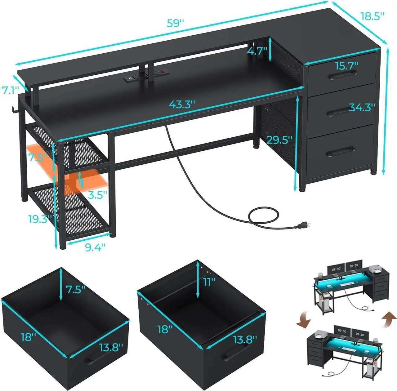 Alt view image 2 of 6 - 59" Office Desk with Drawers, Reversible Computer Desk with File Drawers & Storage, Gaming Desk with LED Lights & Power Outlet, Home Office Desks for Printer, Black