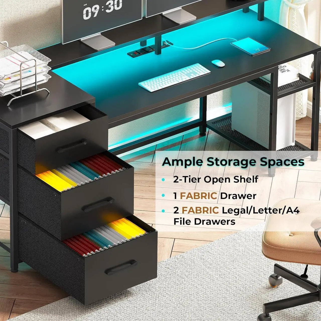 Alt view image 4 of 6 - 59" Office Desk with Drawers, Reversible Computer Desk with File Drawers & Storage, Gaming Desk with LED Lights & Power Outlet, Home Office Desks for Printer, Black