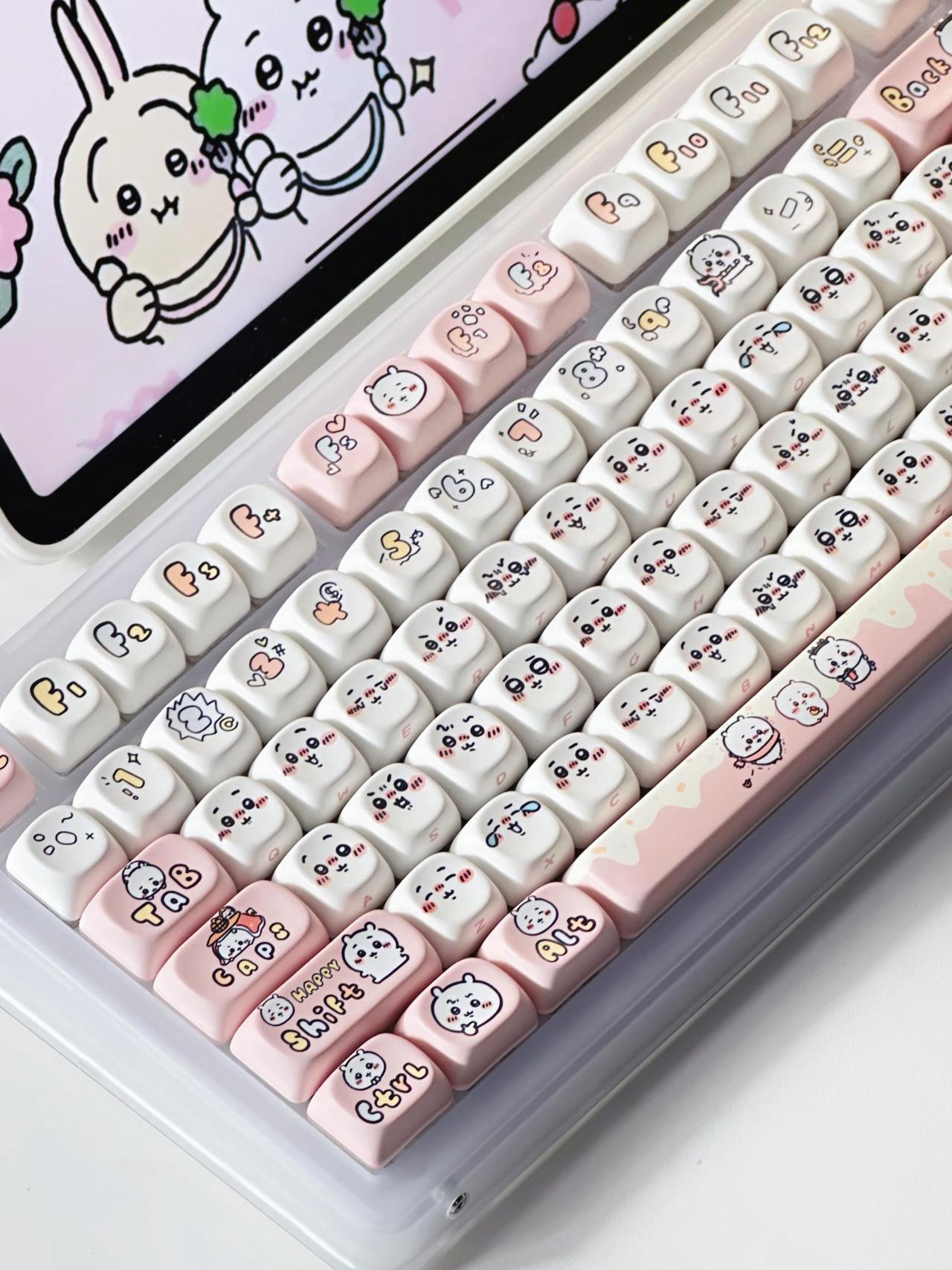 PBT Keycaps - MOA Keycaps, 131 Keys Chiikawa Usagi Keycaps, Dye-Sublimation Cute Keycaps MOA Profile Kawaii Custom Keycaps for Cherry Gateron MX Switches Mechanical Keyboard (Keycaps Only) Pink