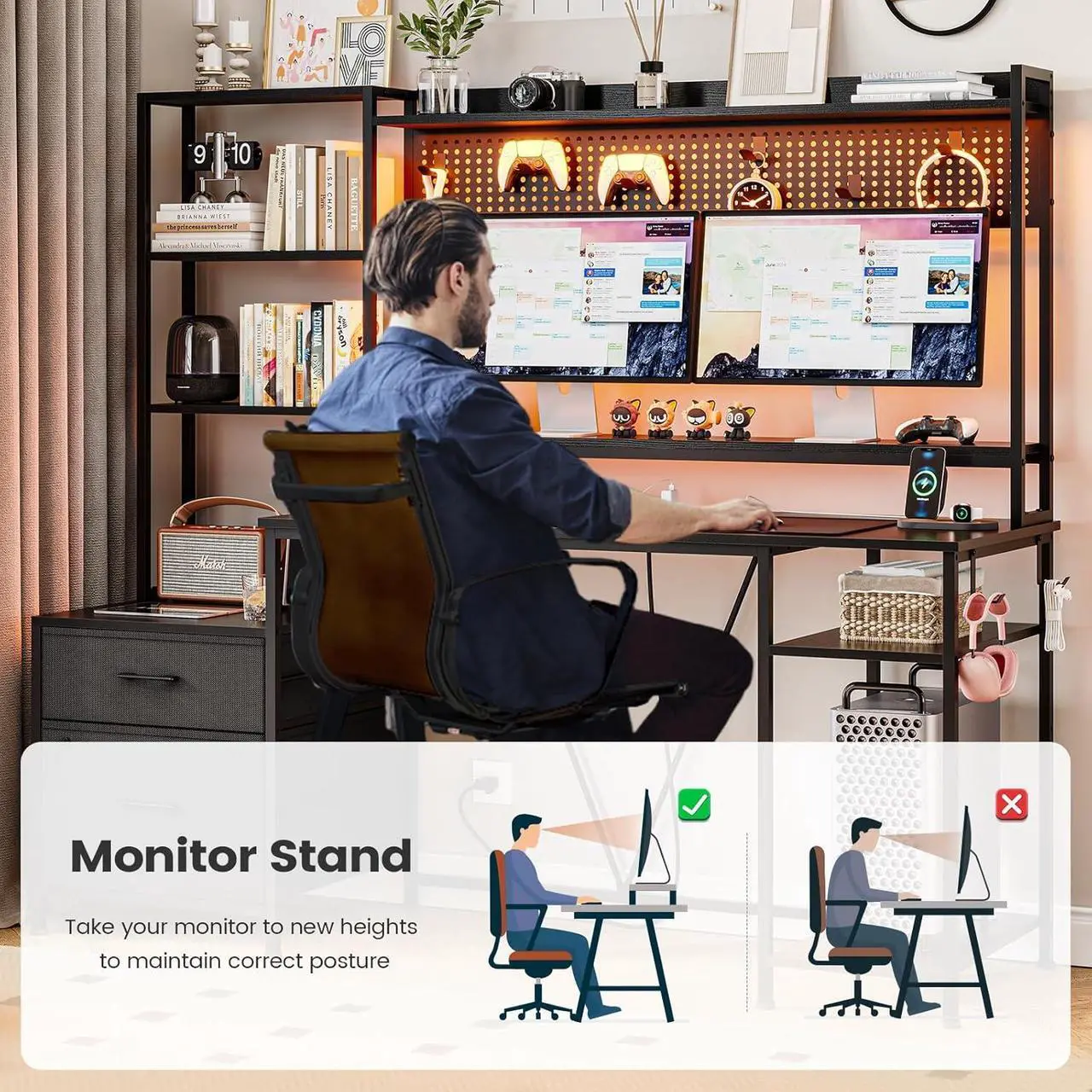 Alt view image 6 of 7 - 65" Gaming Desk with Hutch, 65in Reversible Computer Desk with Power Outlets LED Light, Home Office Desk with Monitor Stand 2 Drawers 4 Storage Shelves Pegboard 8 Hooks Mouse Pad - Black