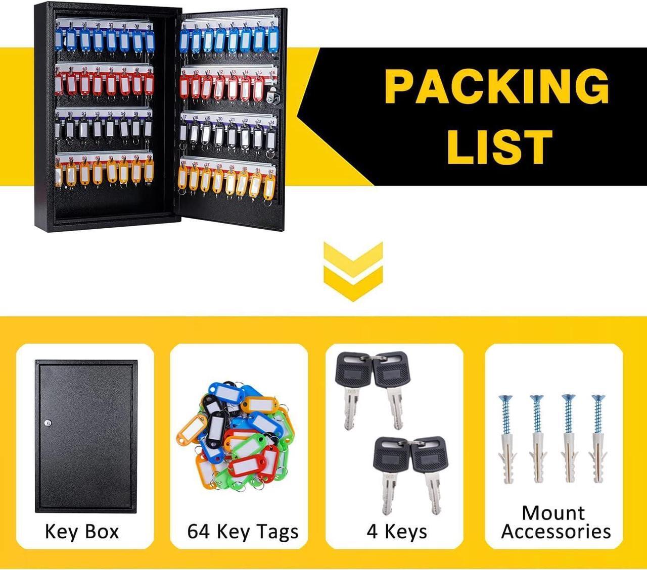 Alt view image 4 of 6 - Key Box Wall Mount 64 Position Metal Locking Key Cabinet Organizer with Key Tags Key Safe Security Storage Lockbox Holder for Valets, Hotels, Car and House Keys, Key Keeper Box - Black