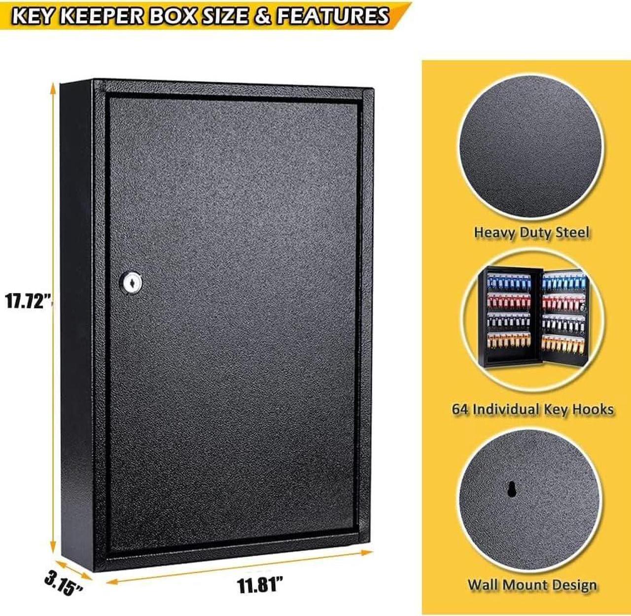 Alt view image 2 of 6 - Key Box Wall Mount 64 Position Metal Locking Key Cabinet Organizer with Key Tags Key Safe Security Storage Lockbox Holder for Valets, Hotels, Car and House Keys, Key Keeper Box - Black