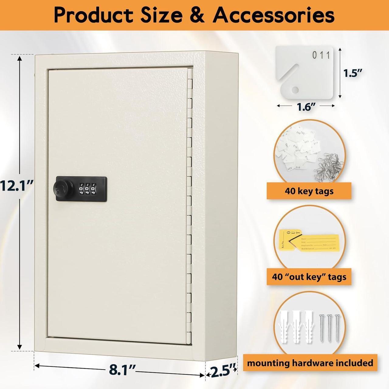 Alt view image 2 of 7 - Key Storage Lock Box with Code,Locking Key Cabinet,40 Key Management Wall Mount with Combination Lock,Key Hooks & Tags Key Labels, 2.5" D x 8.1" W x 12.1" H (White,40 Key)