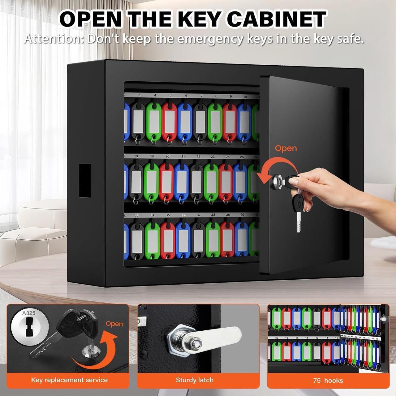 Alt view image 4 of 7 - 75 Keys Key Lock Box Wall Mount with 75 Colored Key Tags, Anti-Theft Key Box Key Cabinet with Side Opening, Key Organizer Key Safe for Home Office Garage Rental Business