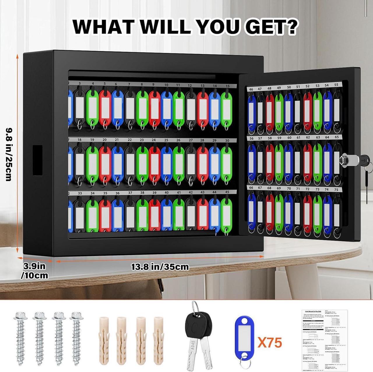 Alt view image 5 of 7 - 75 Keys Key Lock Box Wall Mount with 75 Colored Key Tags, Anti-Theft Key Box Key Cabinet with Side Opening, Key Organizer Key Safe for Home Office Garage Rental Business