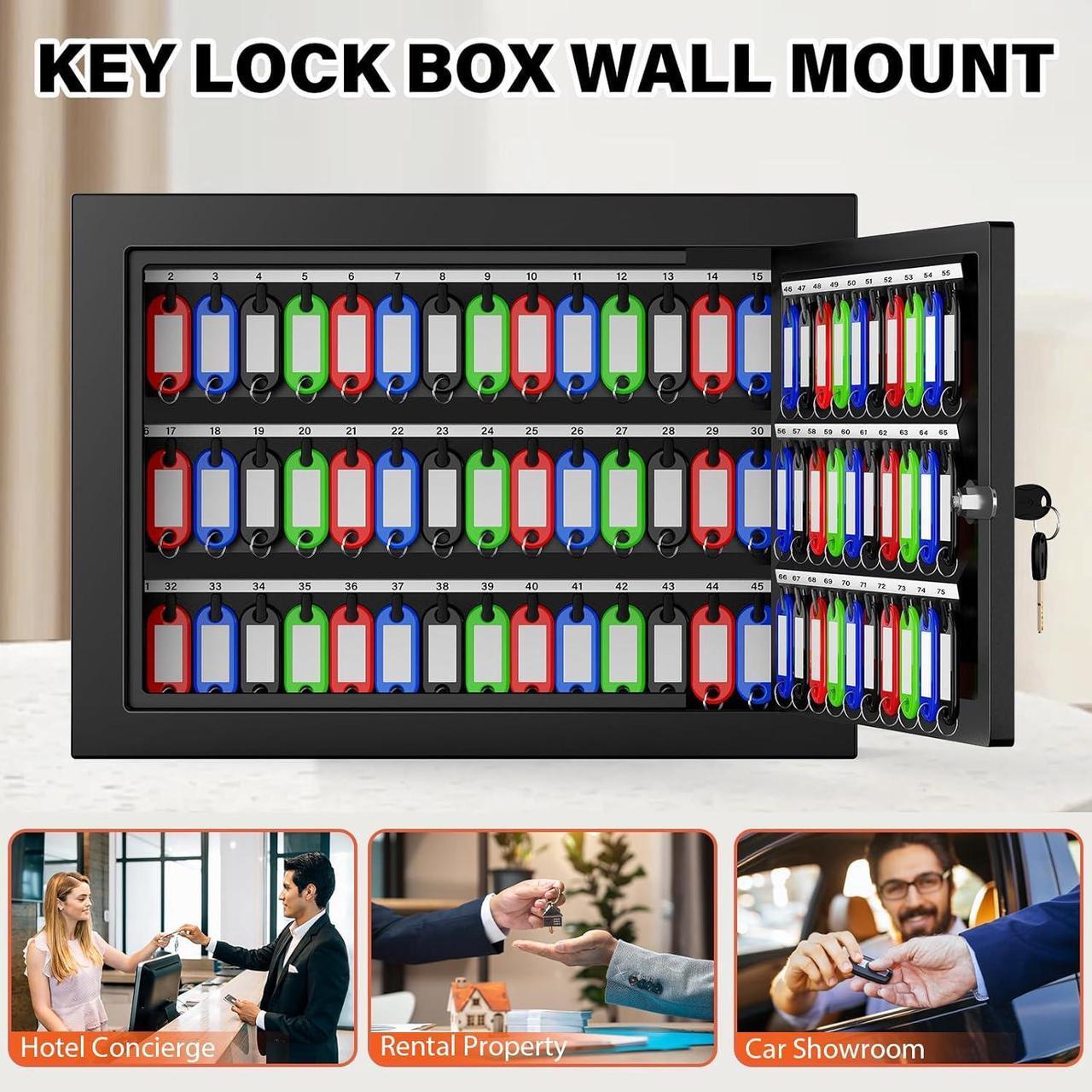 Alt view image 6 of 7 - 75 Keys Key Lock Box Wall Mount with 75 Colored Key Tags, Anti-Theft Key Box Key Cabinet with Side Opening, Key Organizer Key Safe for Home Office Garage Rental Business