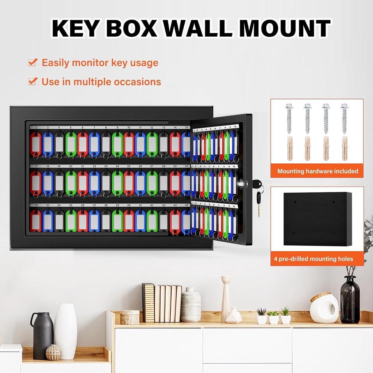 Alt view image 7 of 7 - 75 Keys Key Lock Box Wall Mount with 75 Colored Key Tags, Anti-Theft Key Box Key Cabinet with Side Opening, Key Organizer Key Safe for Home Office Garage Rental Business